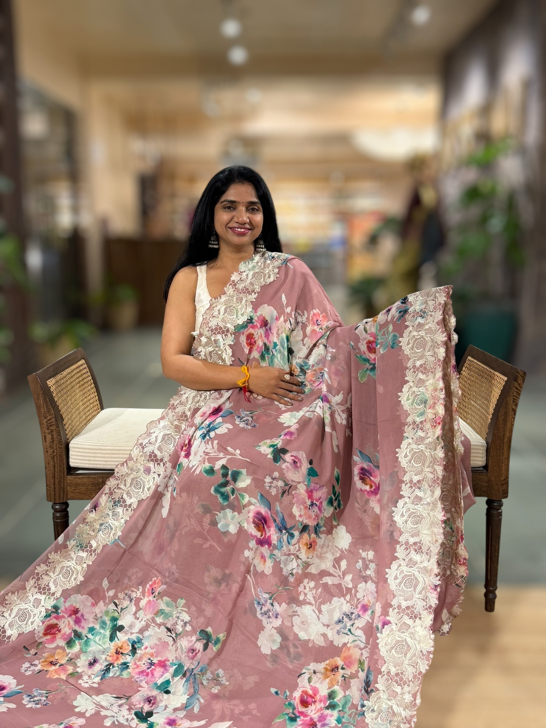 Onion Pink Gorgette  Saree With Chatilly Lace Style Cutwork embroidered Border