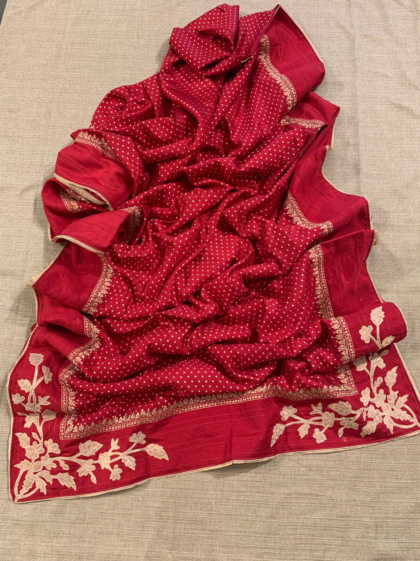 Red Chiniya Silk Saree with Embroidery Border & Applique Creeper Pallu