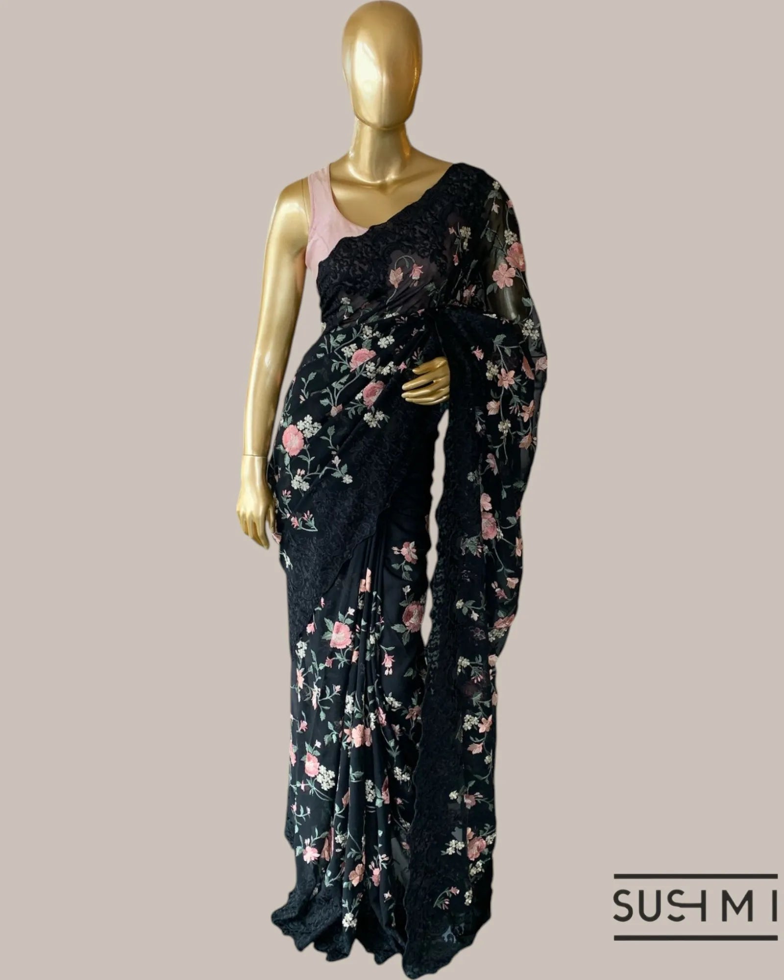 Black Pure Gorgette Saree With Petite Point Style Allover Embroidery   Original