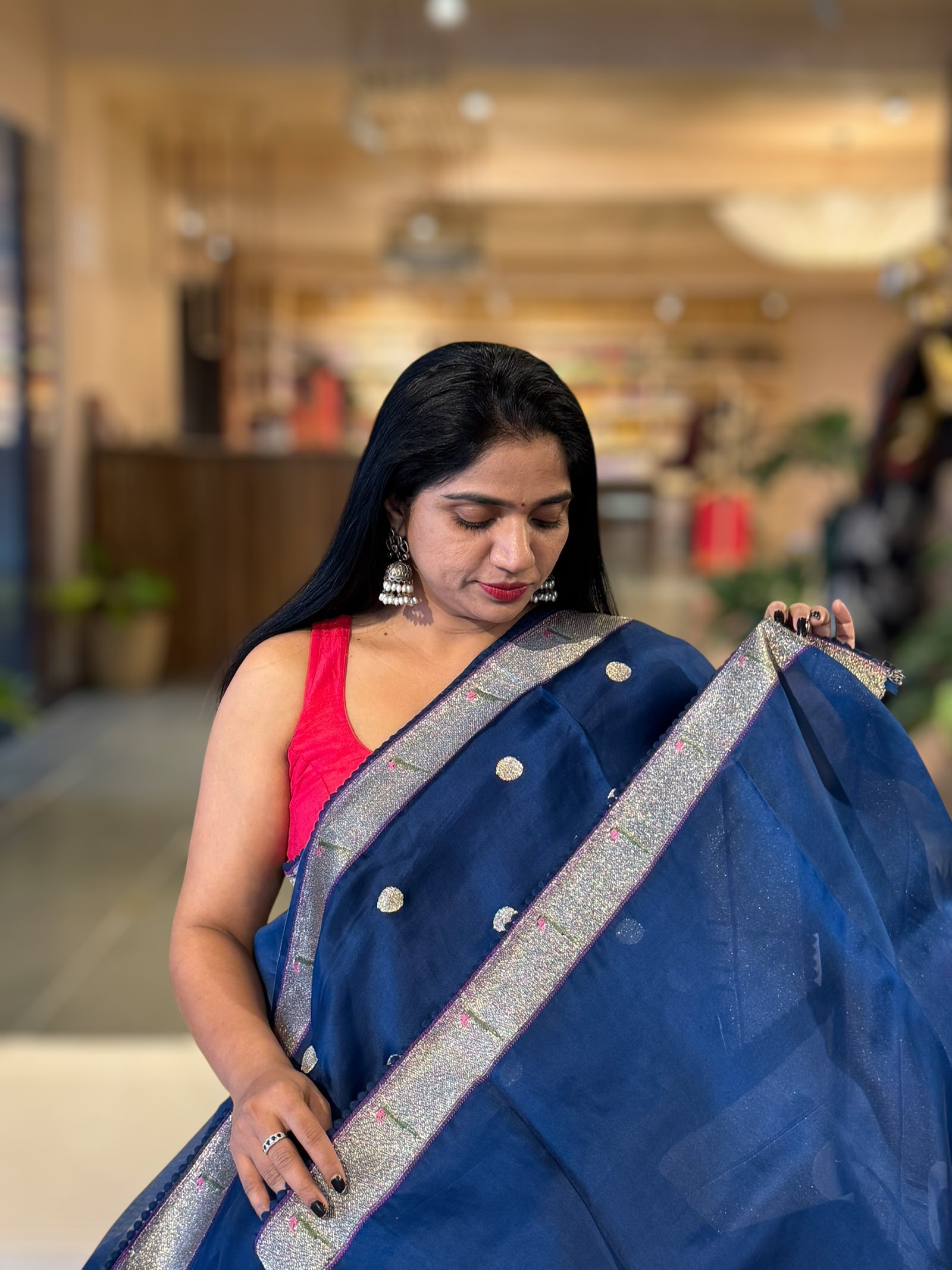Peacock Blue Pure Organza Saree With Pythani Embroidered Border