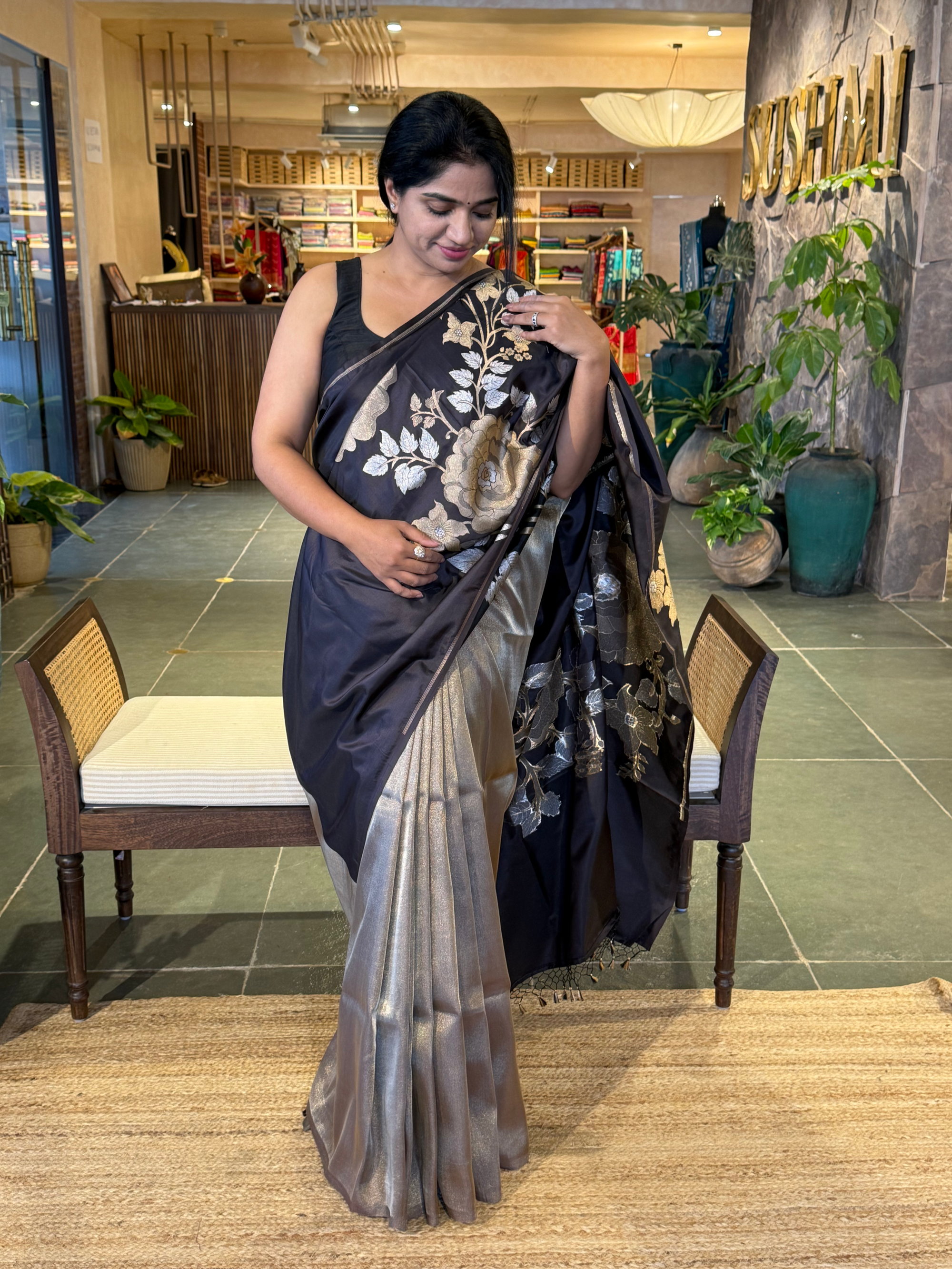 Dark Choclate and Antique Gold Designer Banarasi Silk Saree