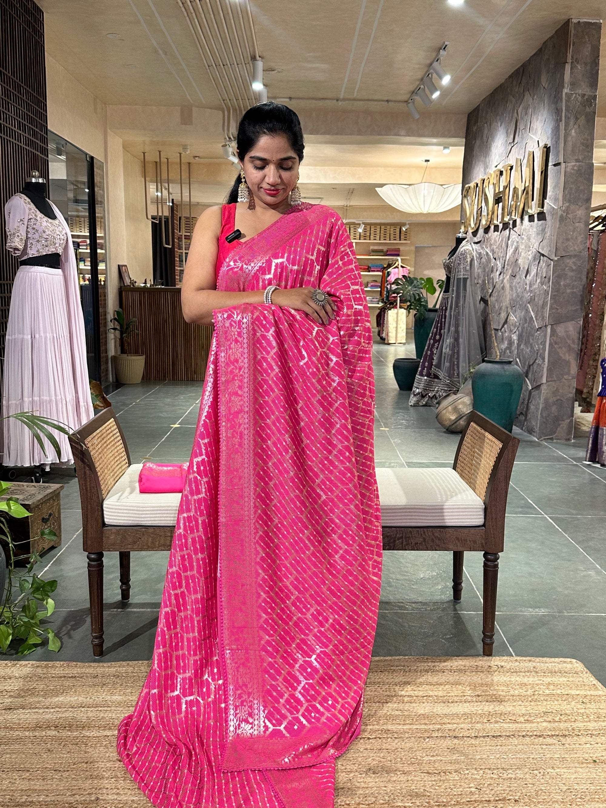 Pink Pure Gorgette Lehariya Bandhini Sequnce Saree