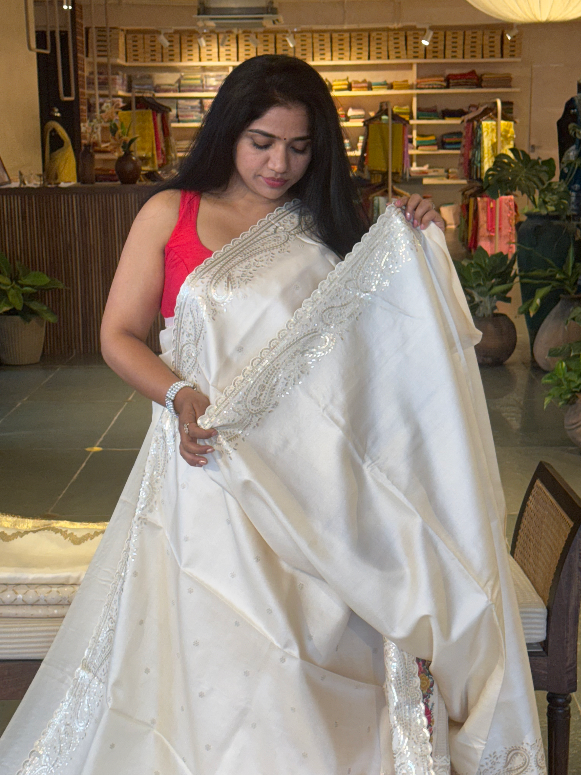 Pure Silk Saree with Paisley sequnece  and petite point embroidery borders