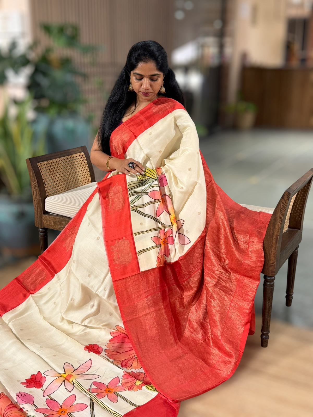 Ivory Kanchi Soft Silk with beautiful Handpainted style Skirt Border Print