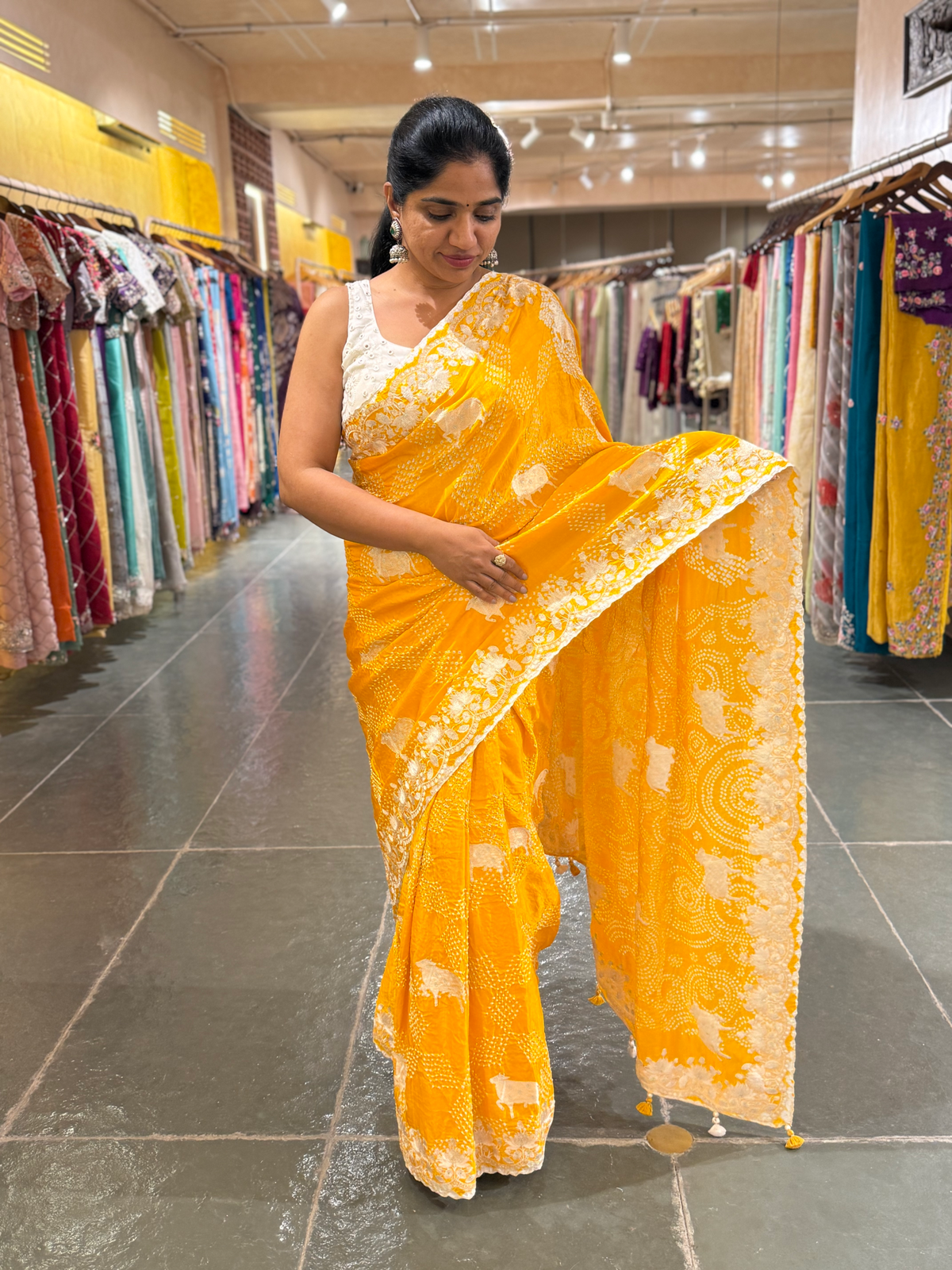 Marigold Pure Gajji Silk Rai Bandhej Saree with Pichwai Embroidery