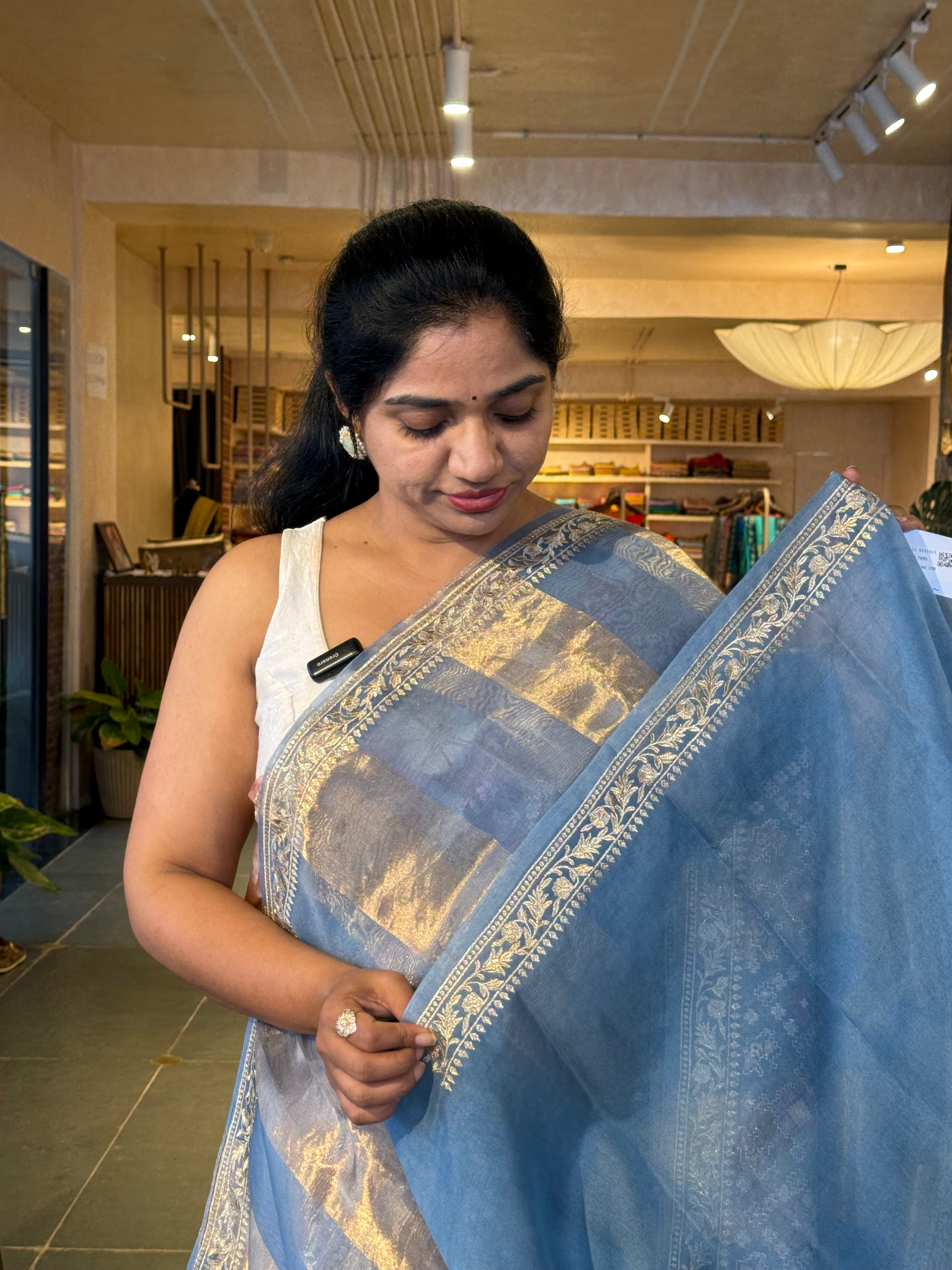 Dusty Blue Kora Tissue Stripes with Pichwai & Jamdani Inspired Embroidery