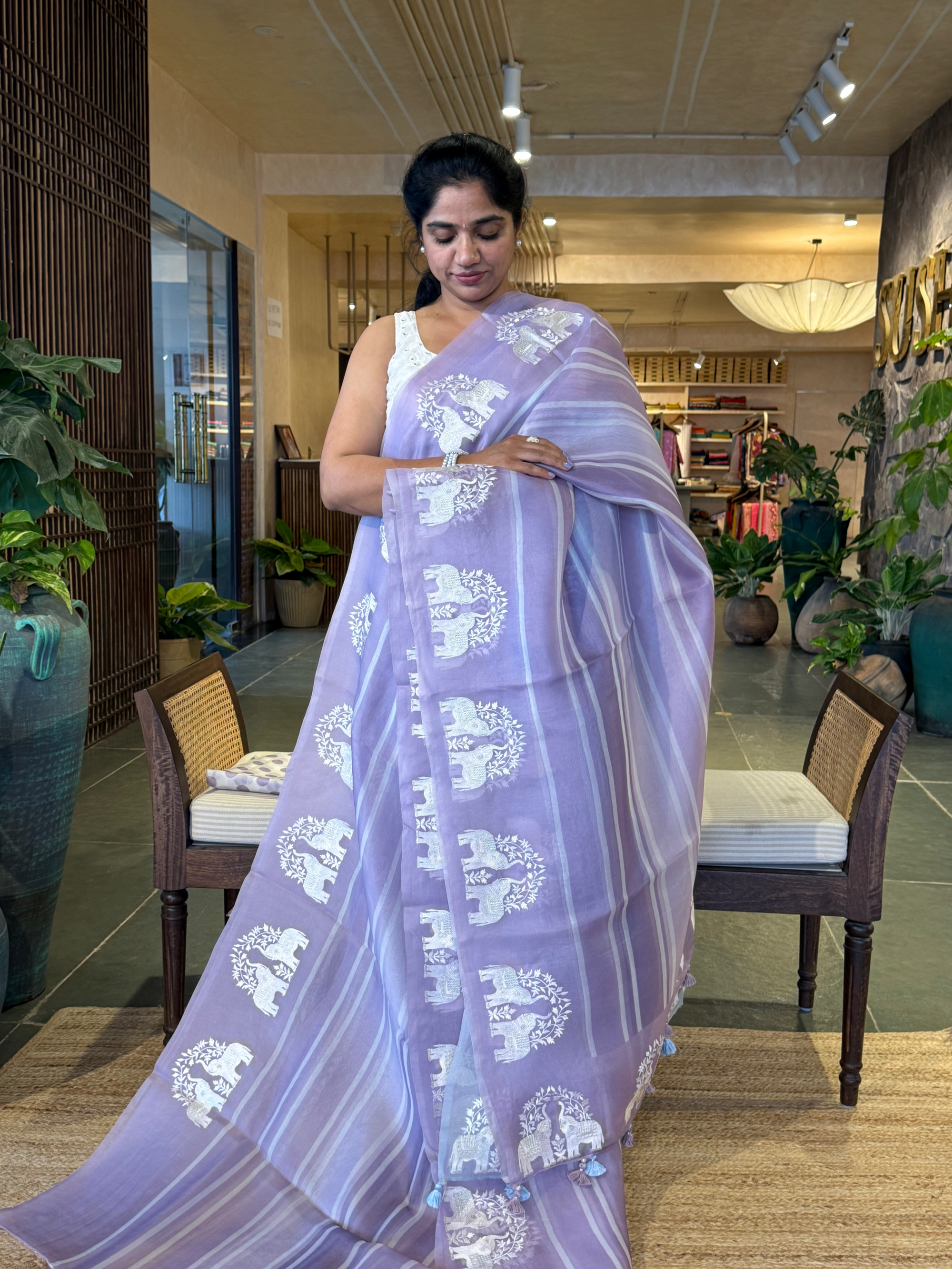 DOEA2701 Blue Shaded Pure Organza  Saree with Embroidery