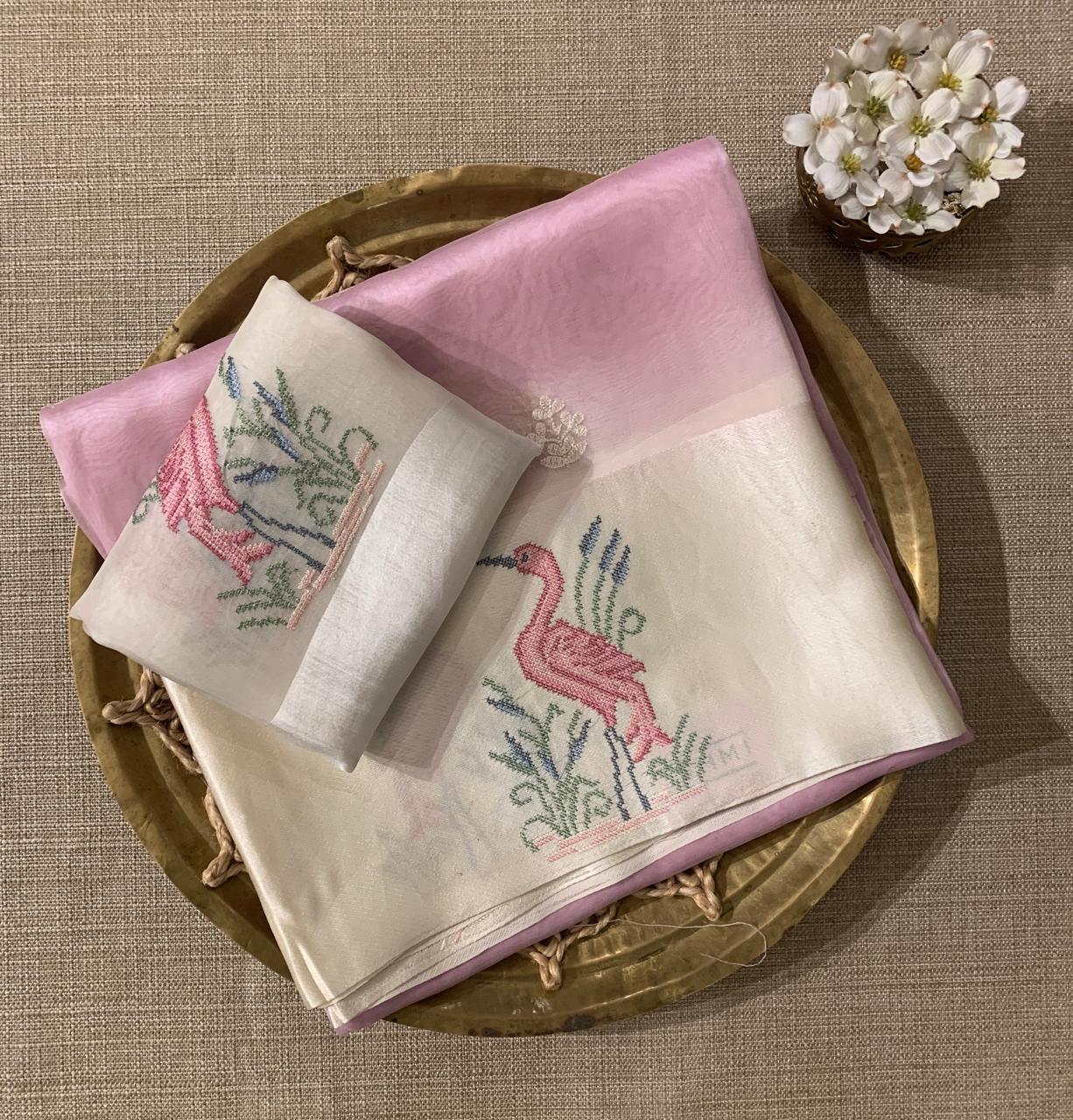 Pink Pure Organza Silk Saree with Petite Point Embriodered Swans Mashru Borders