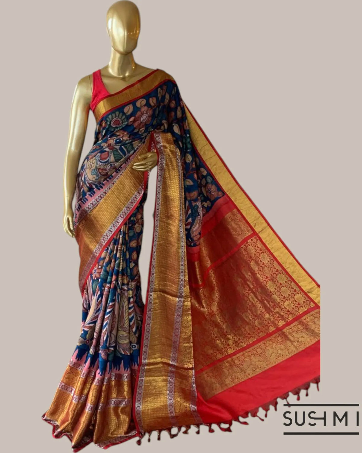 Blue Kanchi Pen kalamkari handpainted saree with heavy borders