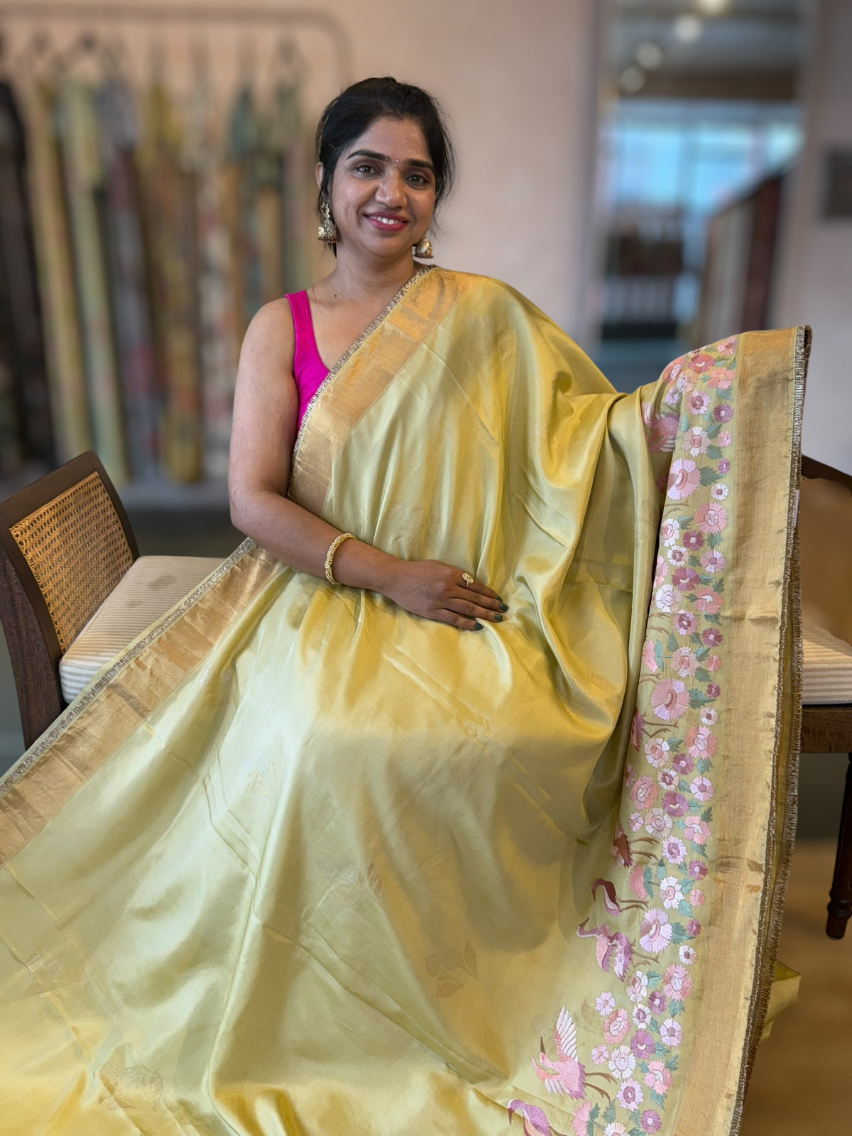 Pale Gold Green Kanchi Silk Saree in With  Parsi Gara  Embroidered Border