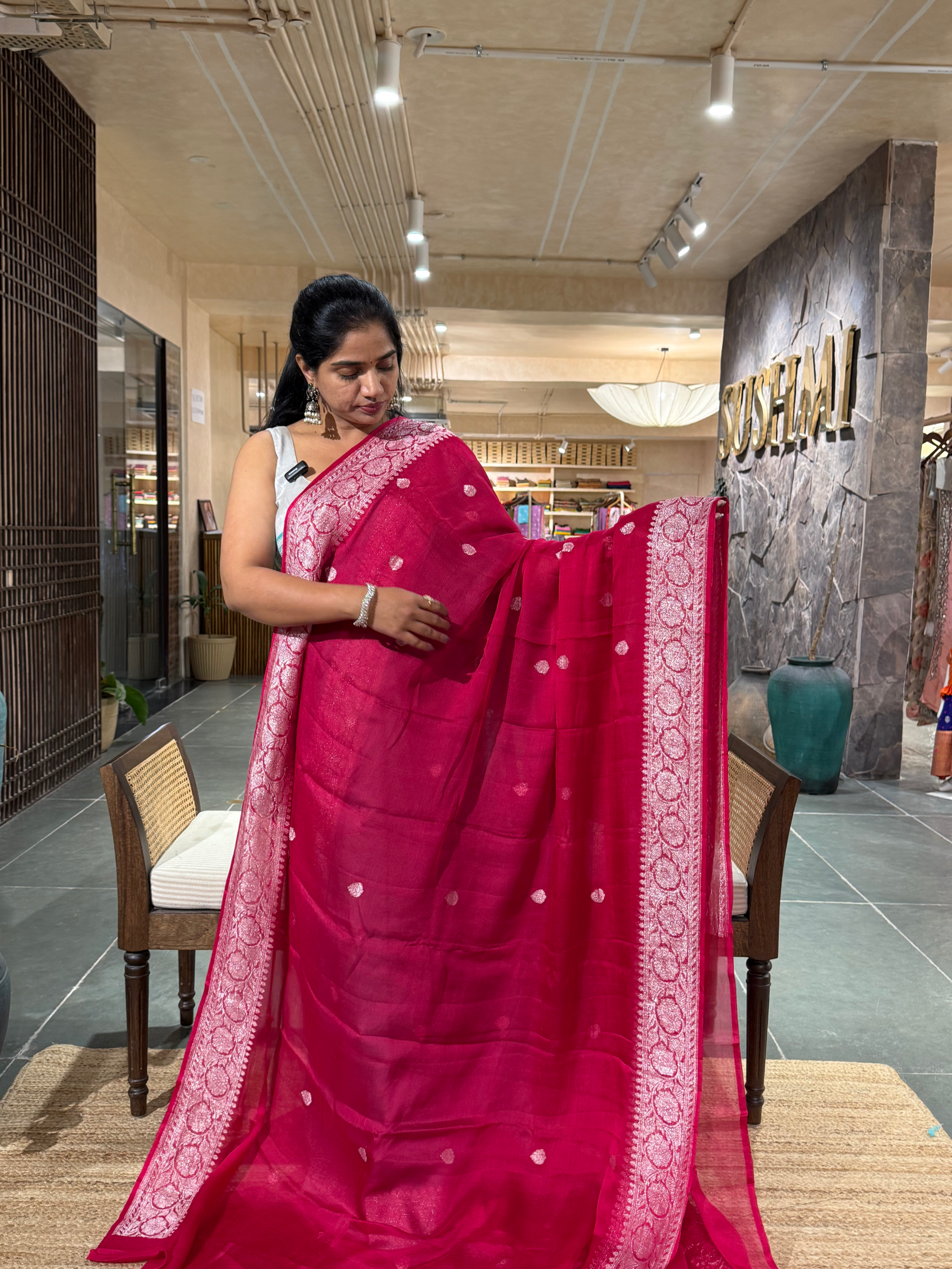 Beetroot Pink Banarasi Handloom Khaddi Chiffon Saree with silver