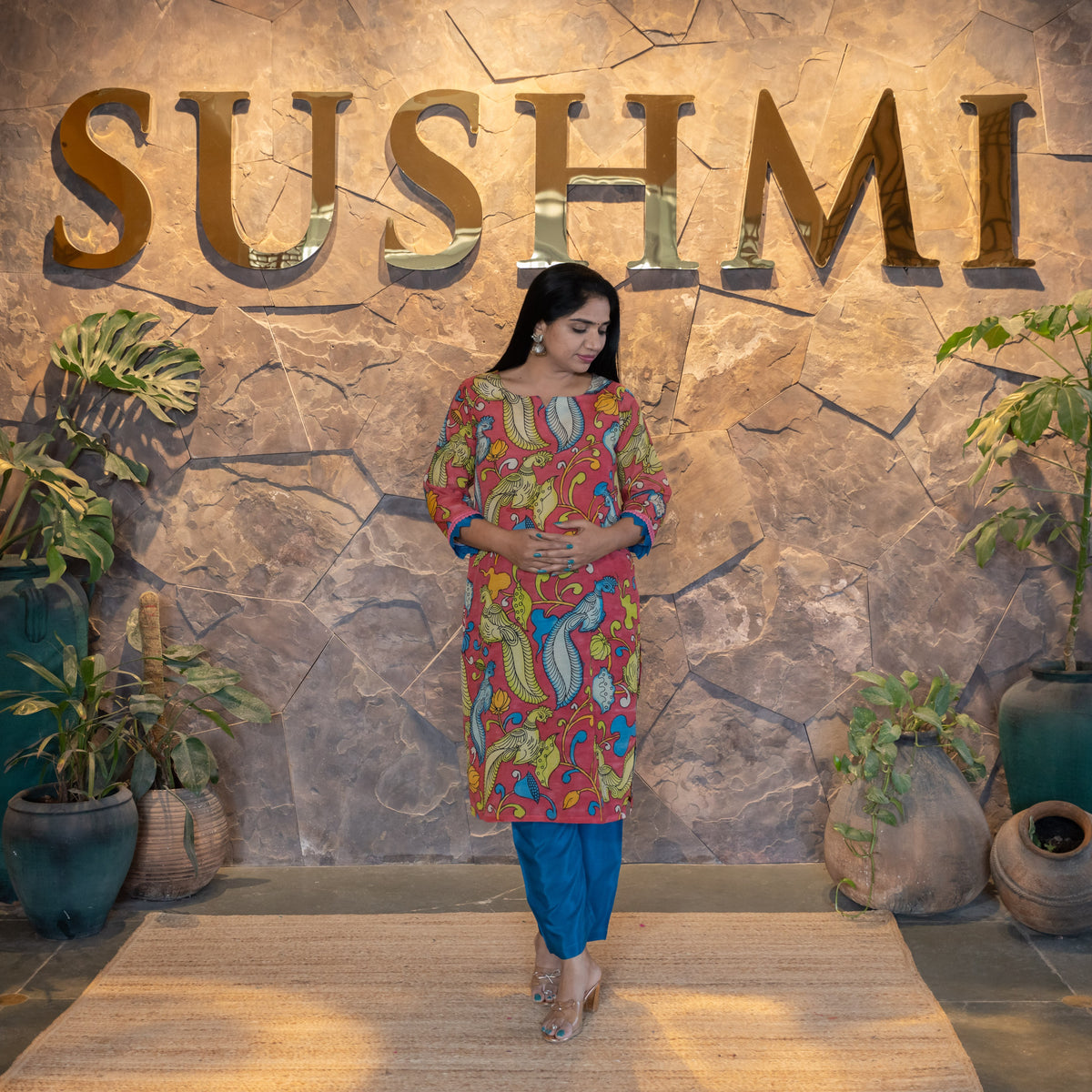 Statement Peacock Pen Kalamkari Silk Coordset