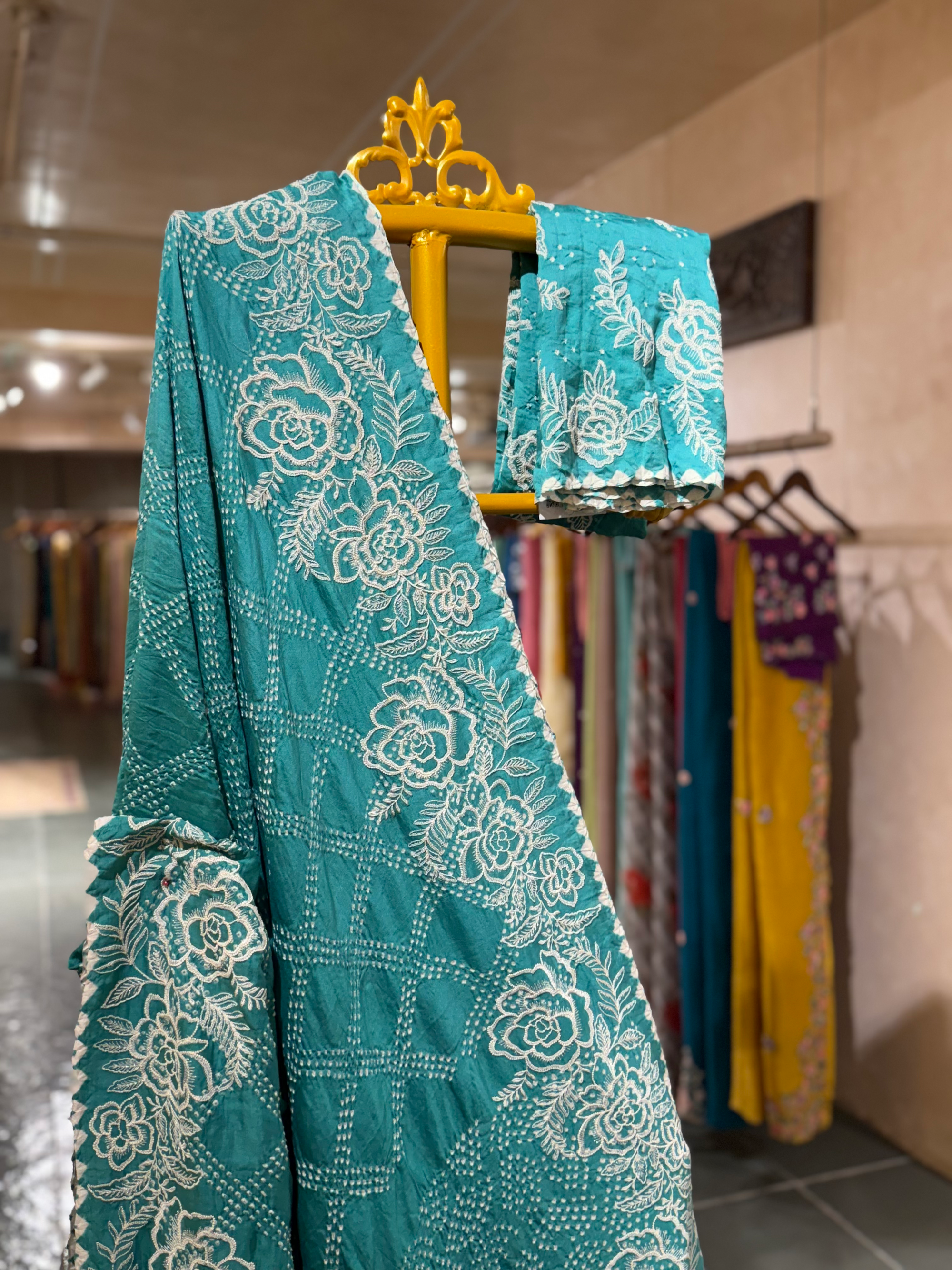Teal Pure Gajji Silk Rai Bandhej Saree wth Stunning Outline Embroidery