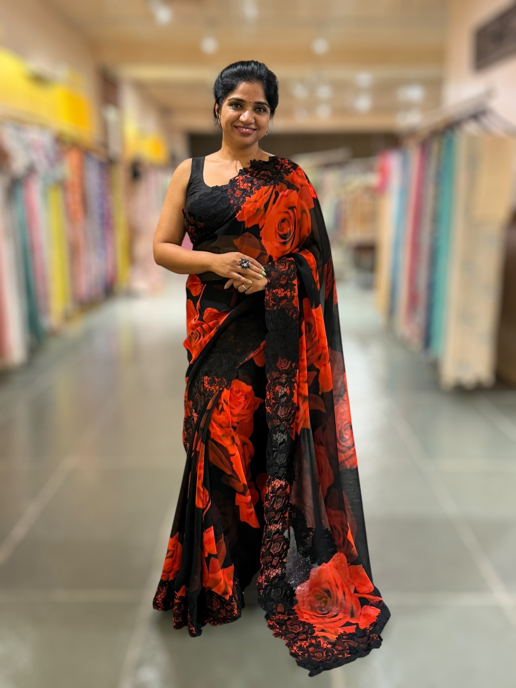 Red & Black Gorgette Saree With Chatilly Lace style Cutwork embroidered Border
