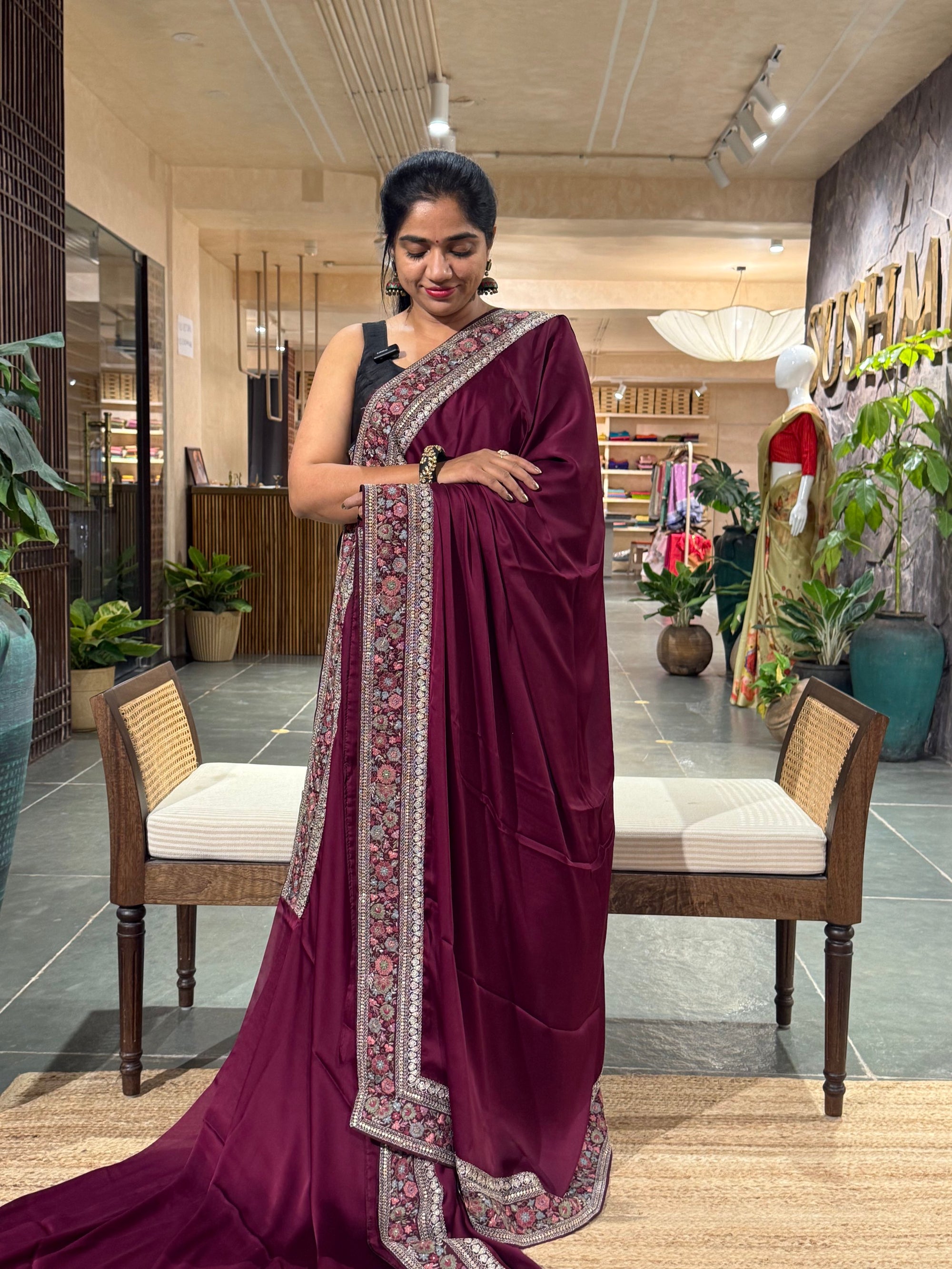 SSSM212 Wine Pure Satin Silk Saree with Sabyasachi Inspired Borders and Blouse
