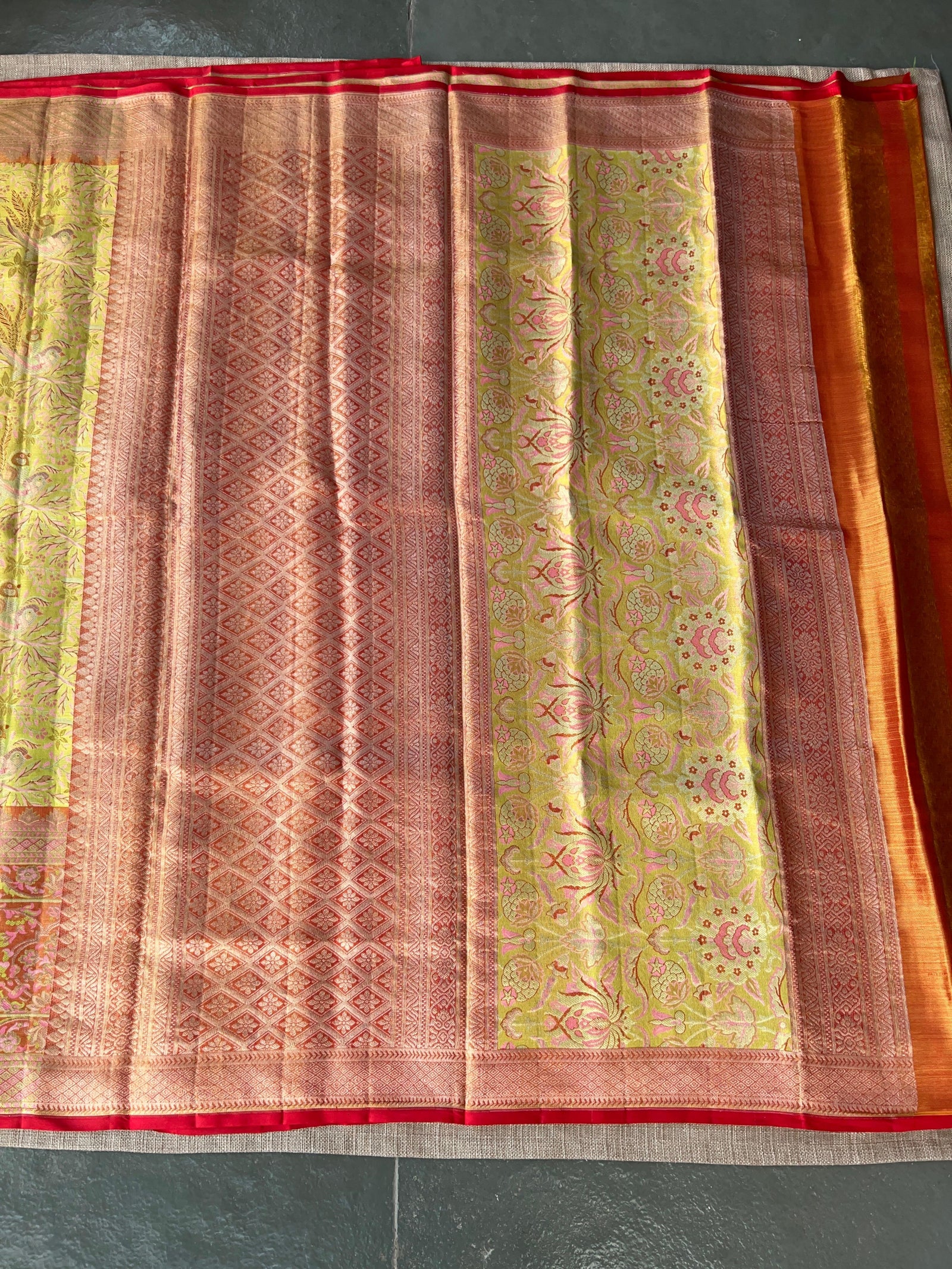 Lime Green & Red Combo Pure Kanjeevaram Meenakari Saree