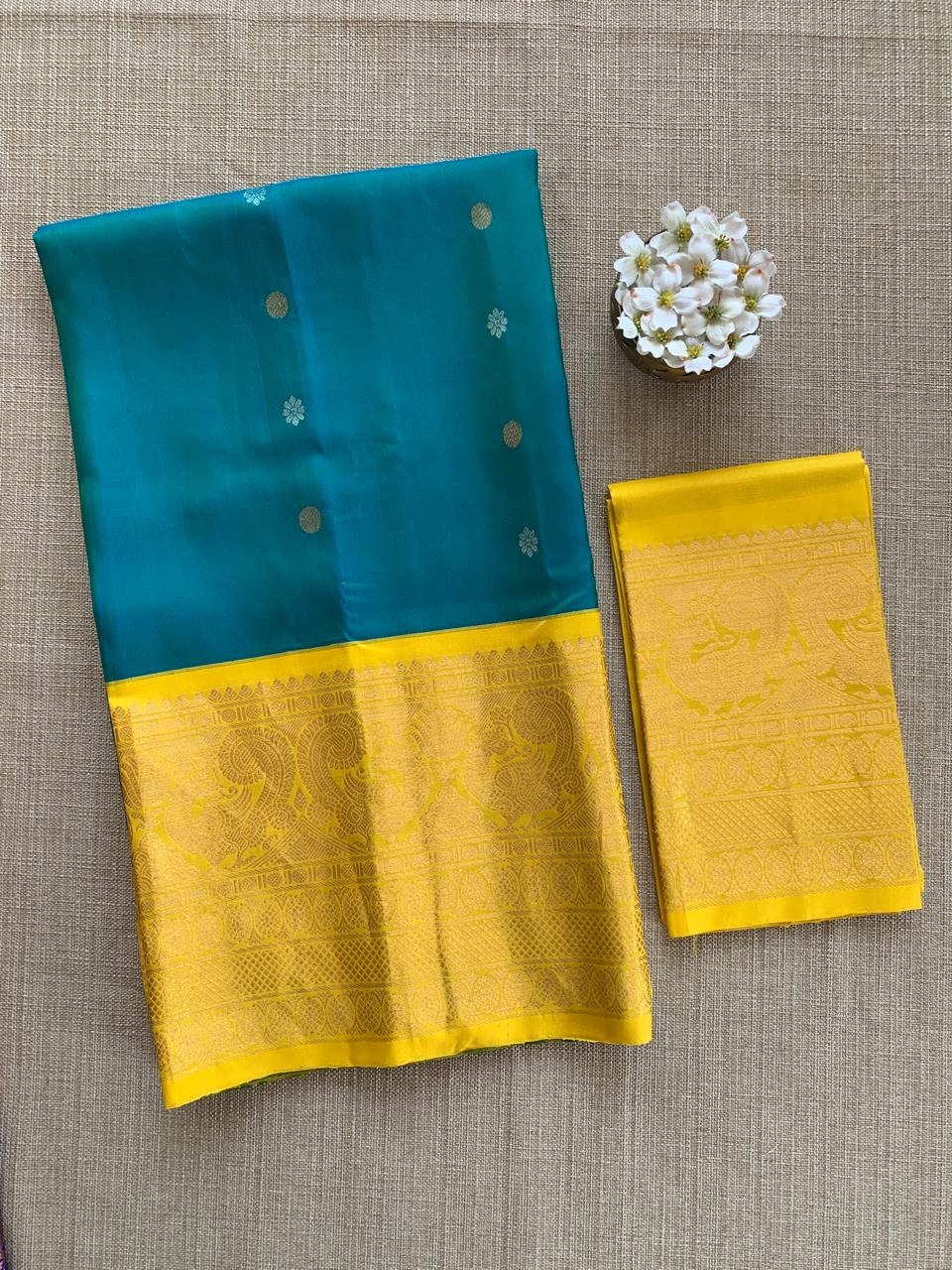 SGSA206 Peacock Blue and yellow Combo Gadwal Handloom Pure Silk Saree