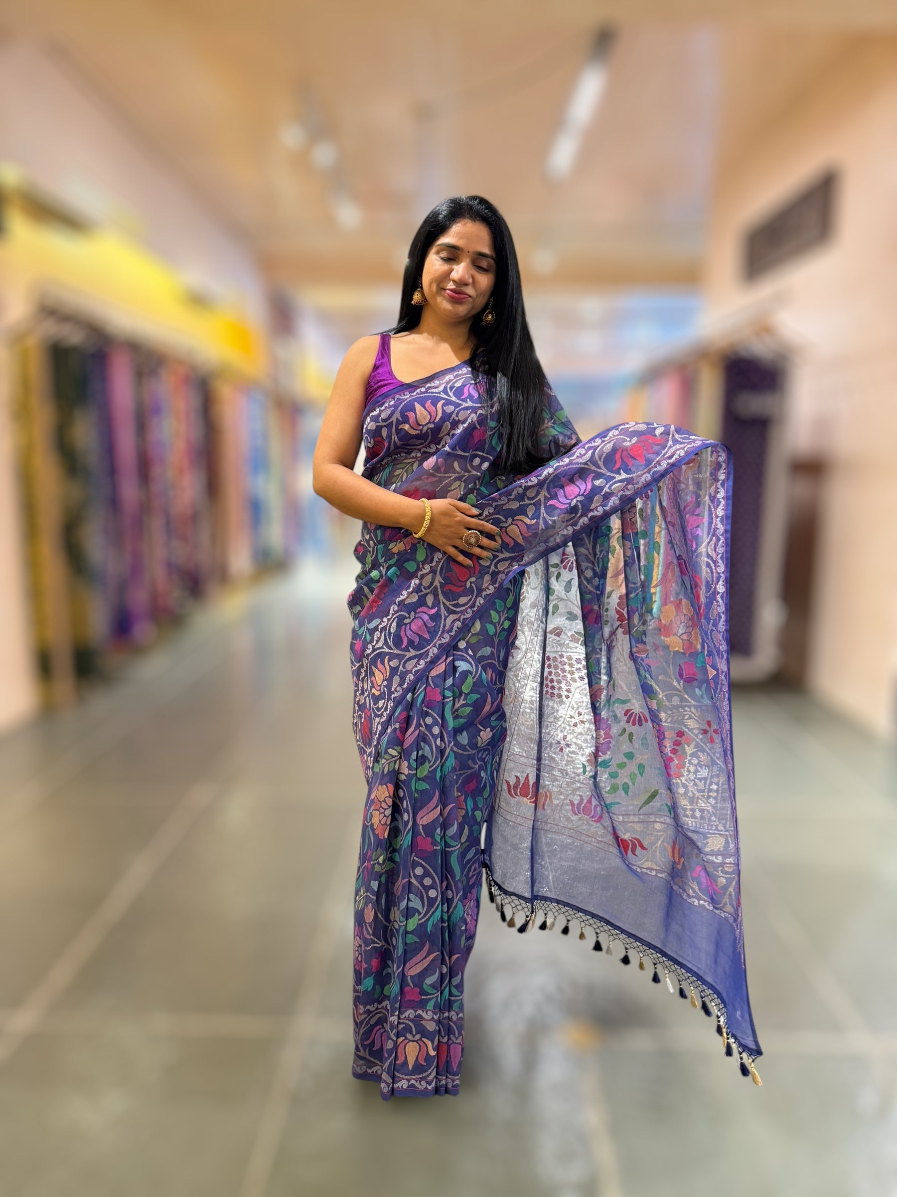 Neelambari - Real Zari Banarasi Cotton Jamdani Saree