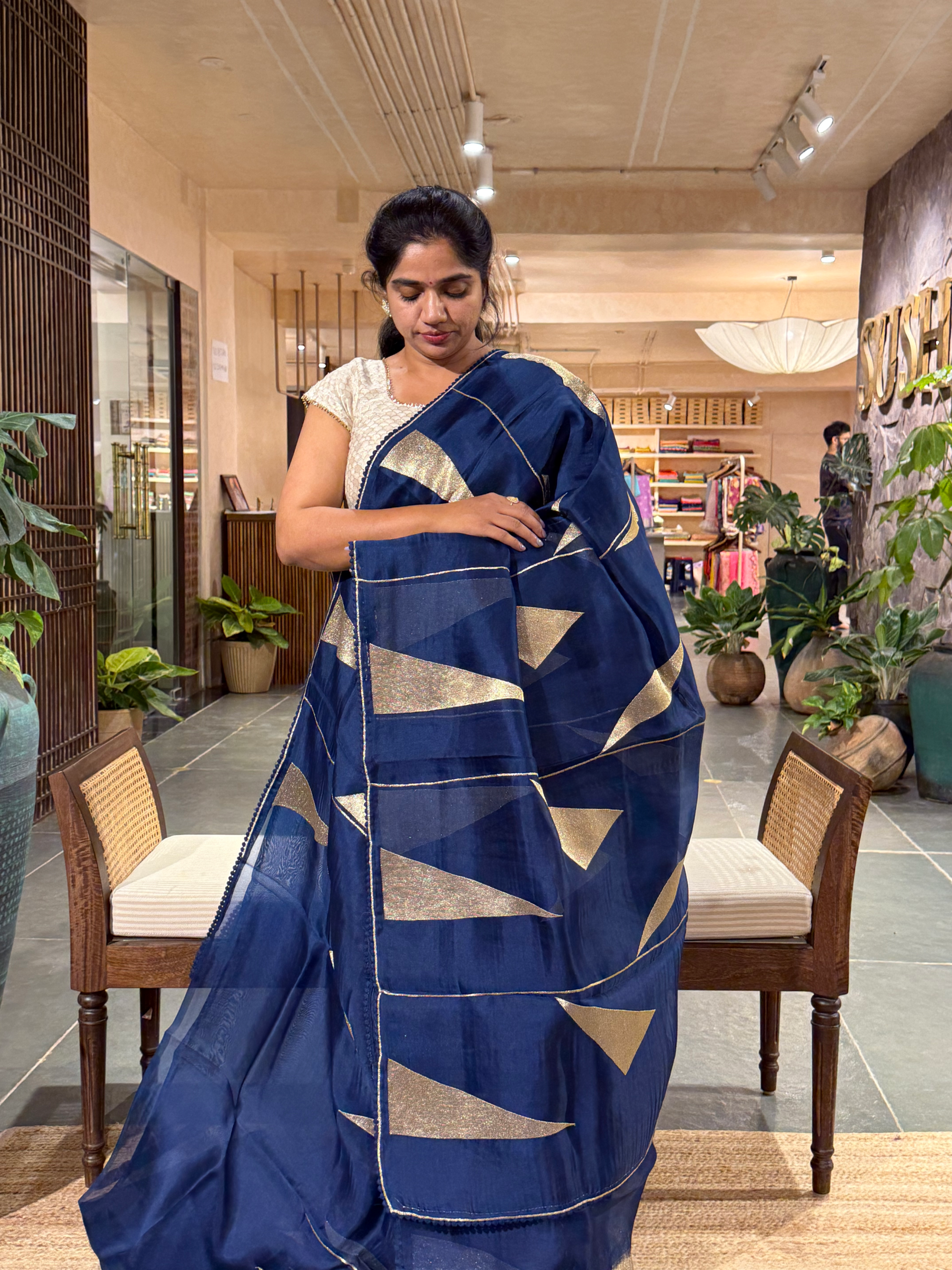 SOCA107 Midnight Blue Pure Organza Silk Saree in contemporary style