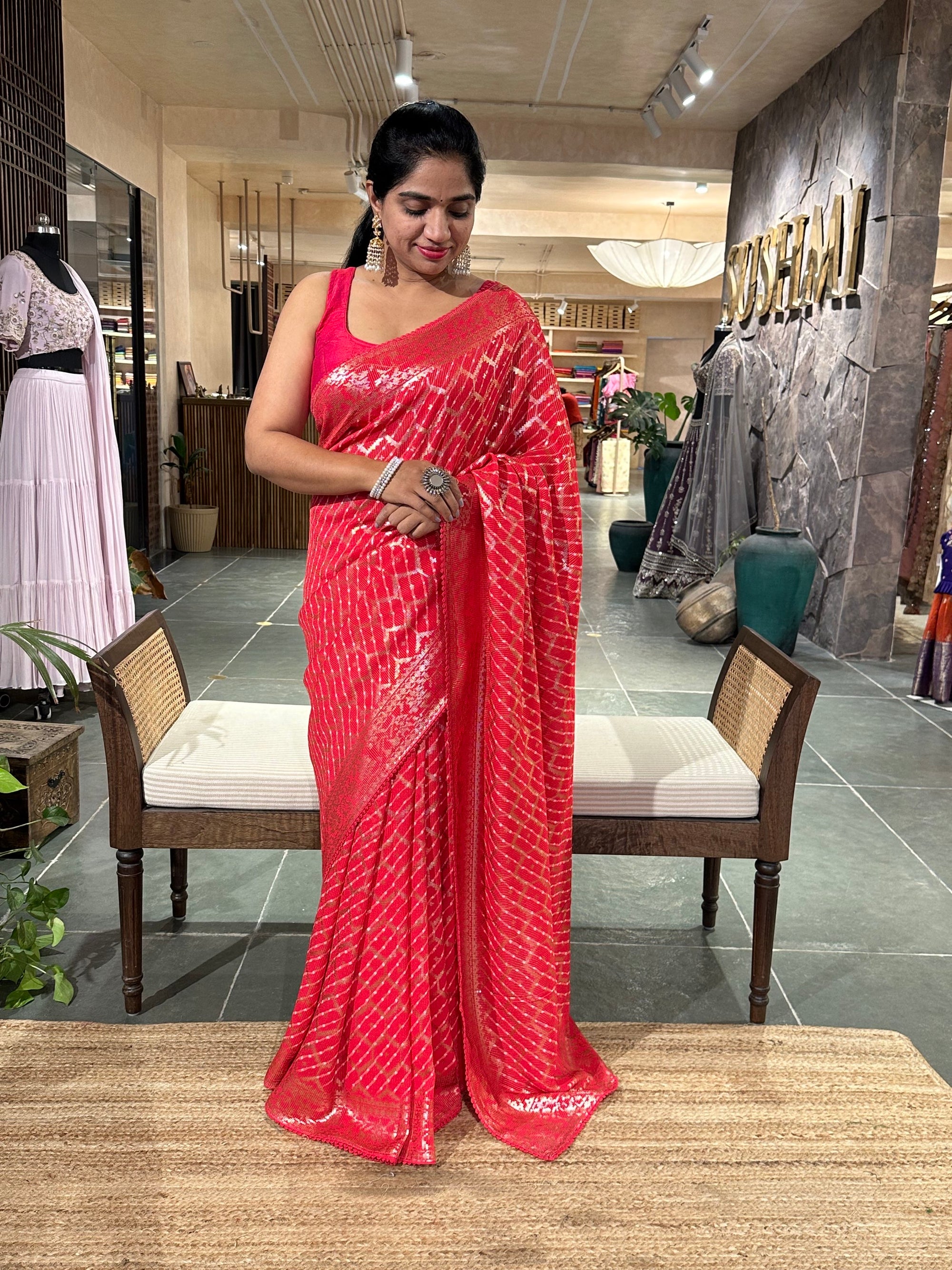 Pinkish Red Pure Gorgette Lehariya Bandhini Sequnce Saree