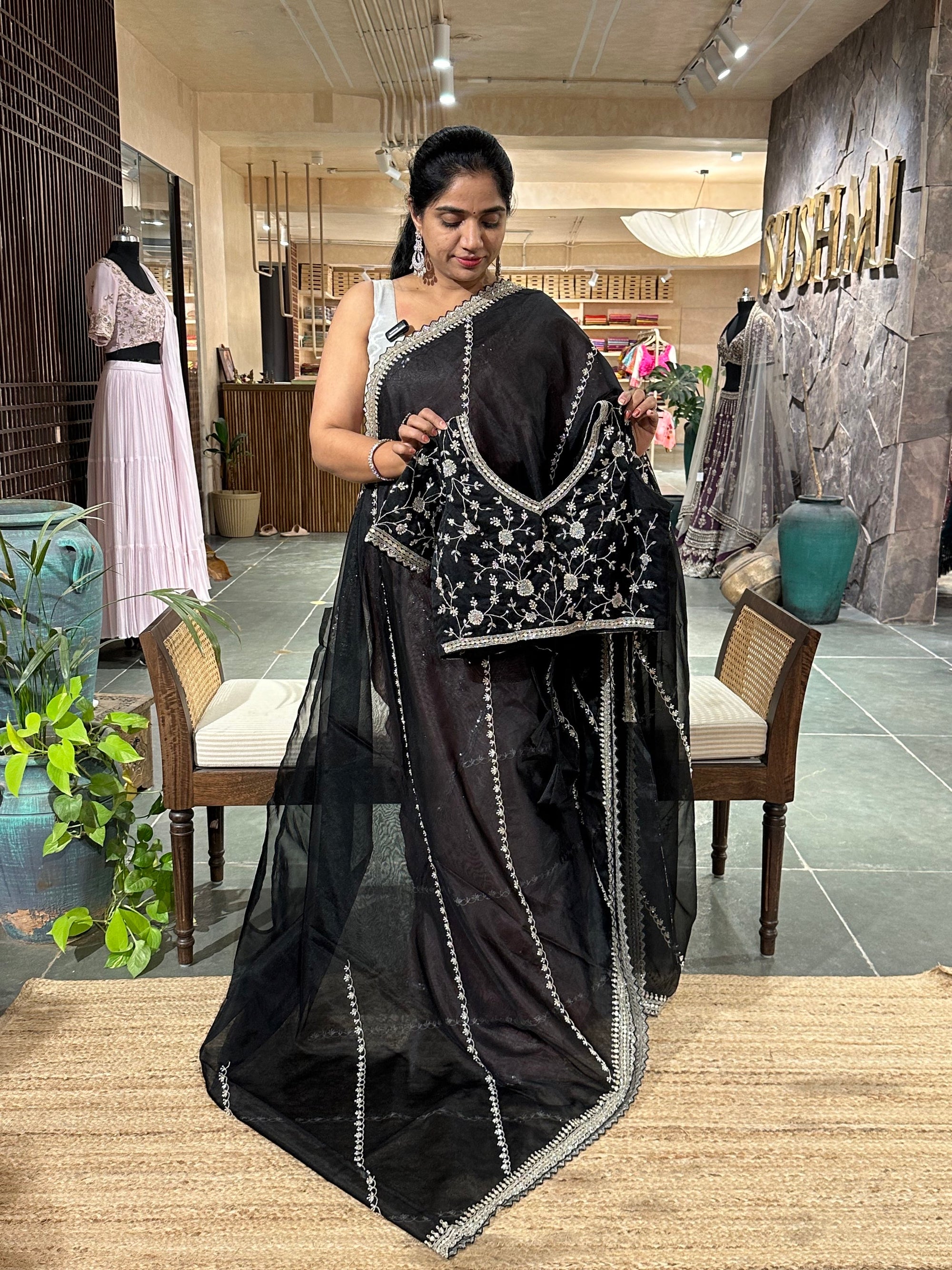 Black Organza heavy handwork Cocktail partywear Saree with heavy allover handwo