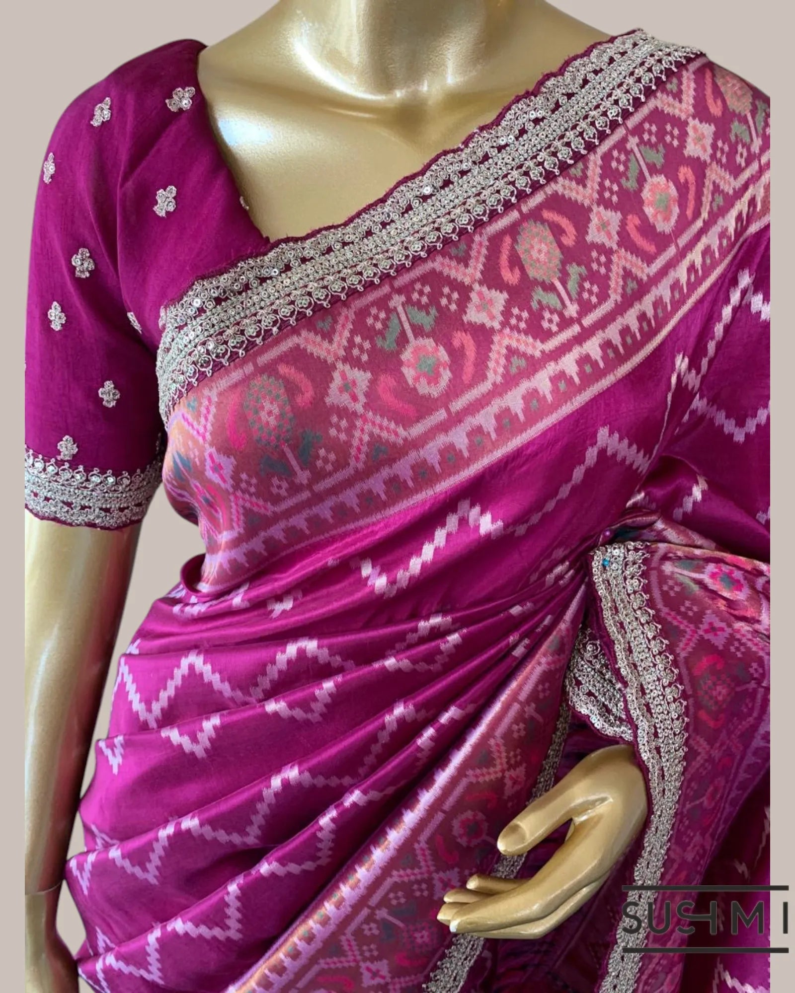 Majenta Tussar Silk Gorgette Saree in Ikkath Patola style Chevron body and Patol