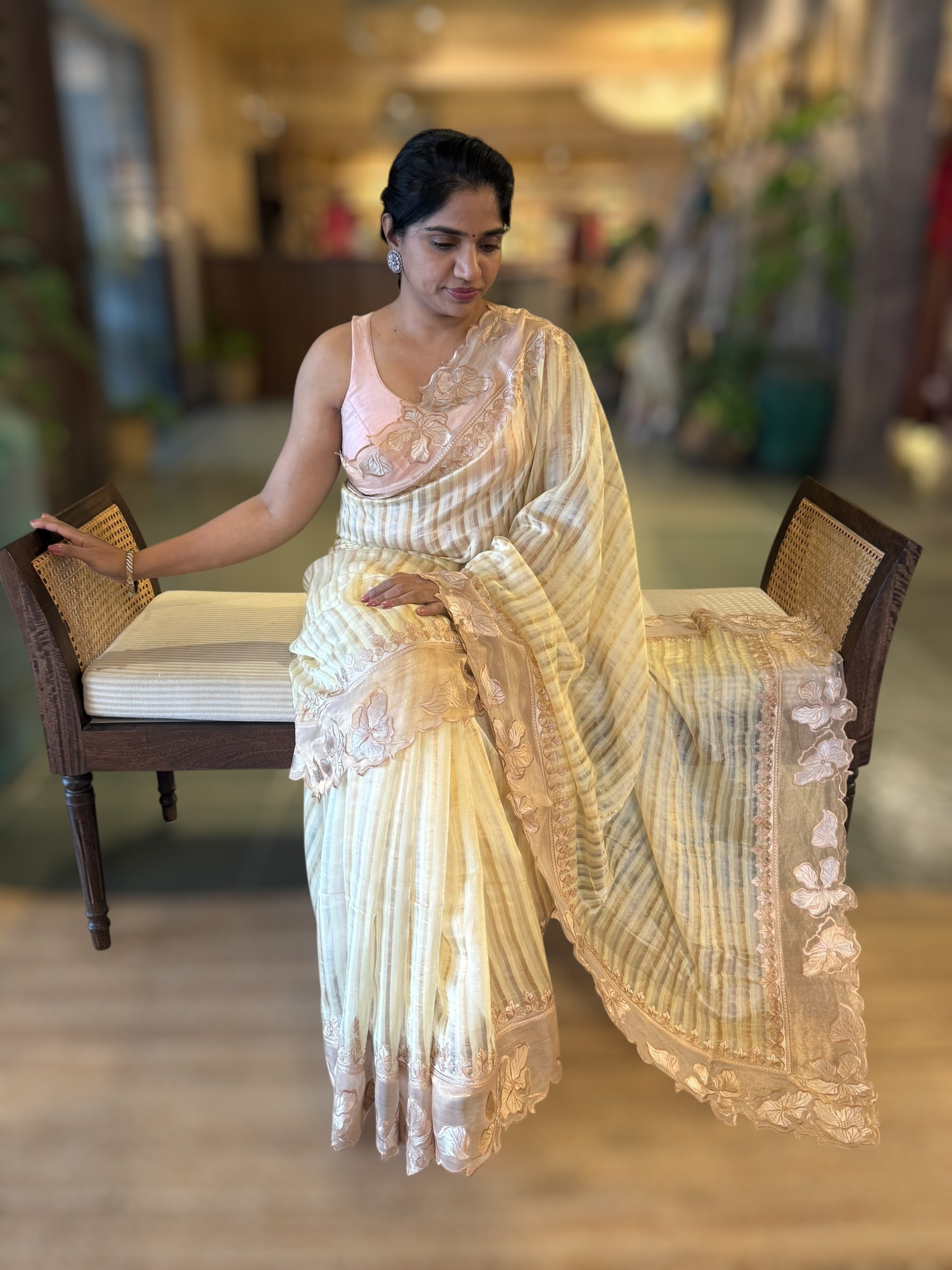 Pastel Yellow Mul Tissue Stripes Saree With Tissue Cutwork  Border & Blouse