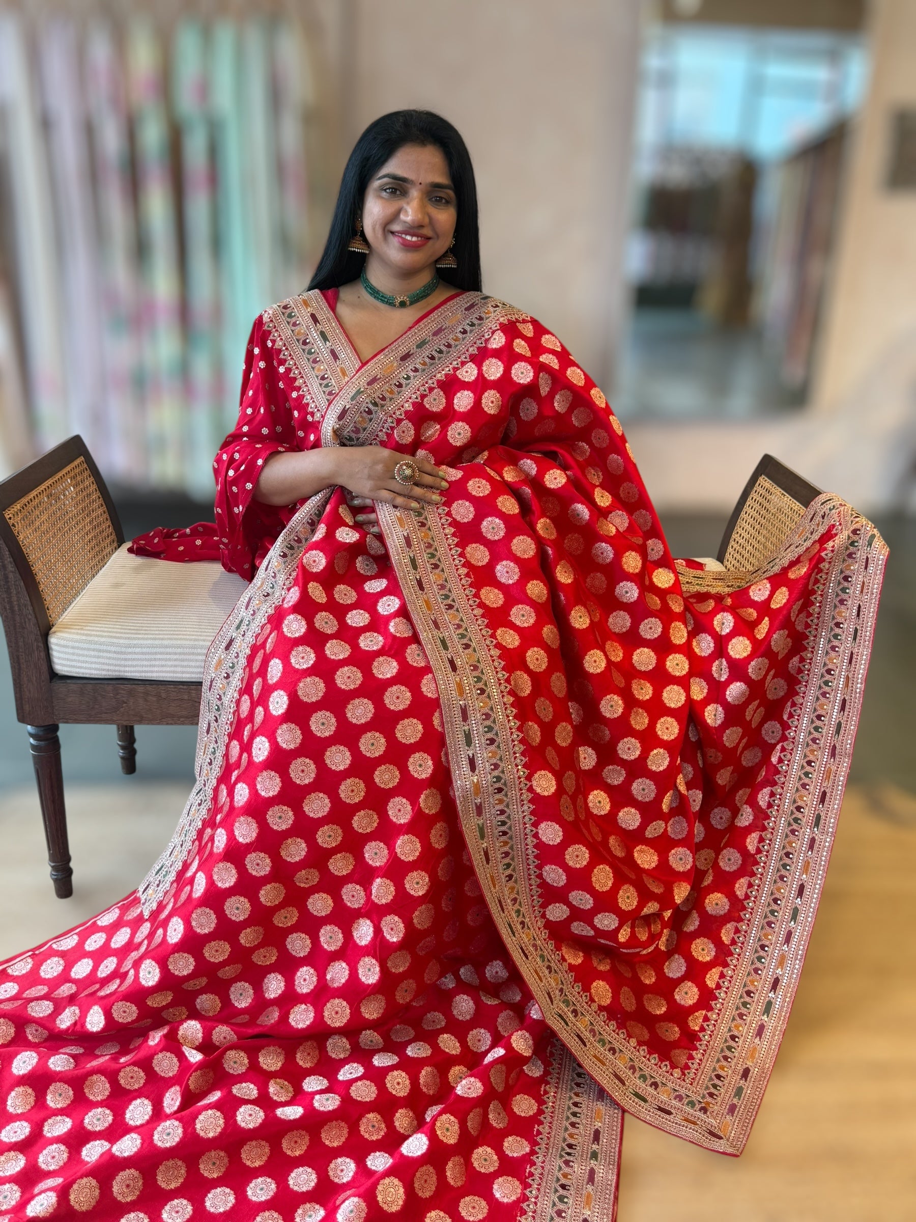 Chilli Red Banarasi Silk Saree Wth Chakra Meenakari Motifs & Sabhyasachi Borders