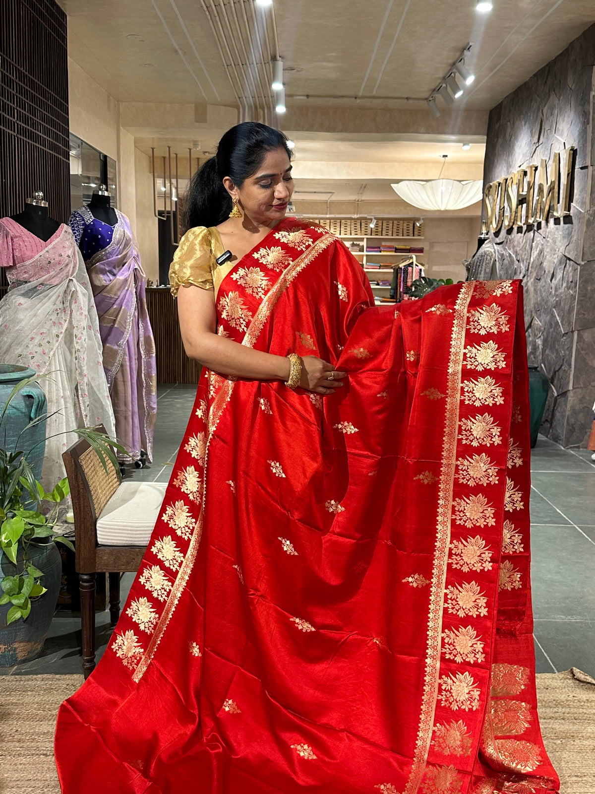 Orangish Red Pure Banarasi Handloom Mashru Silk Saree