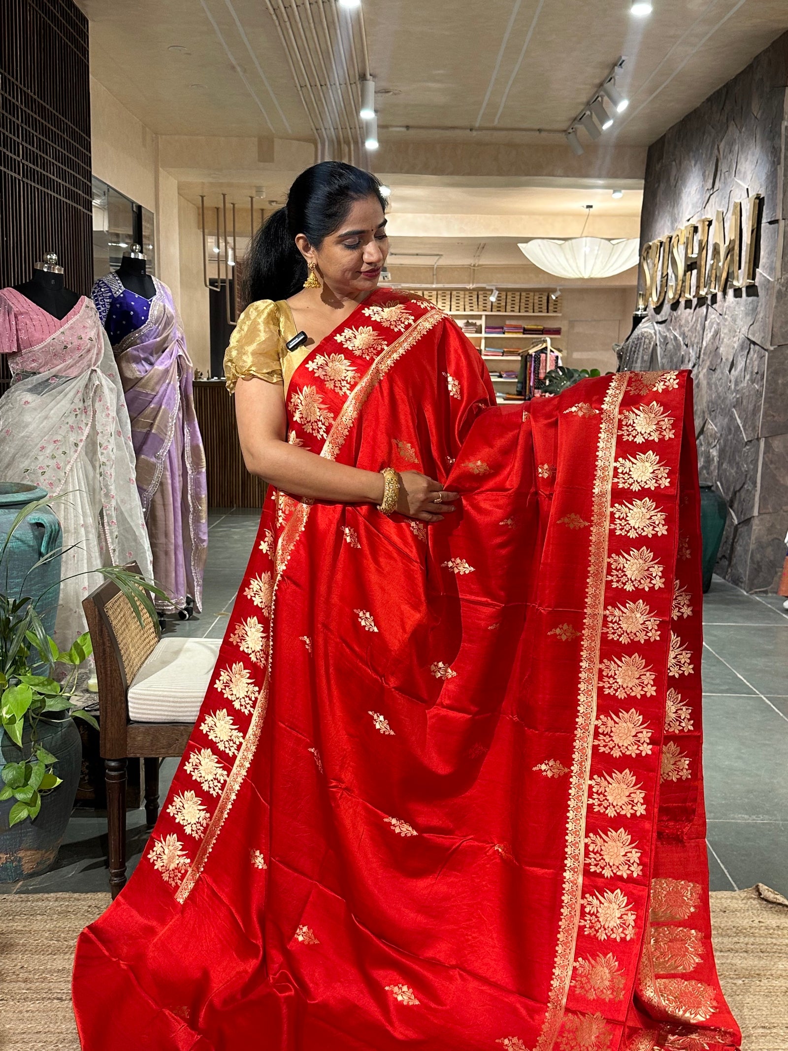 Orangish Red Pure Banarasi Handloom Mashru Silk Saree