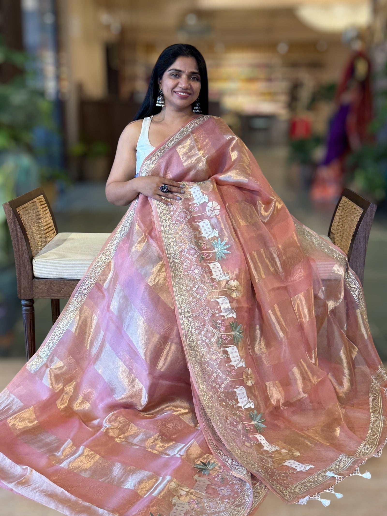Peach Pink Kora Tissue Stripes Saree With Jamdani  & Pichwai embroidered Border