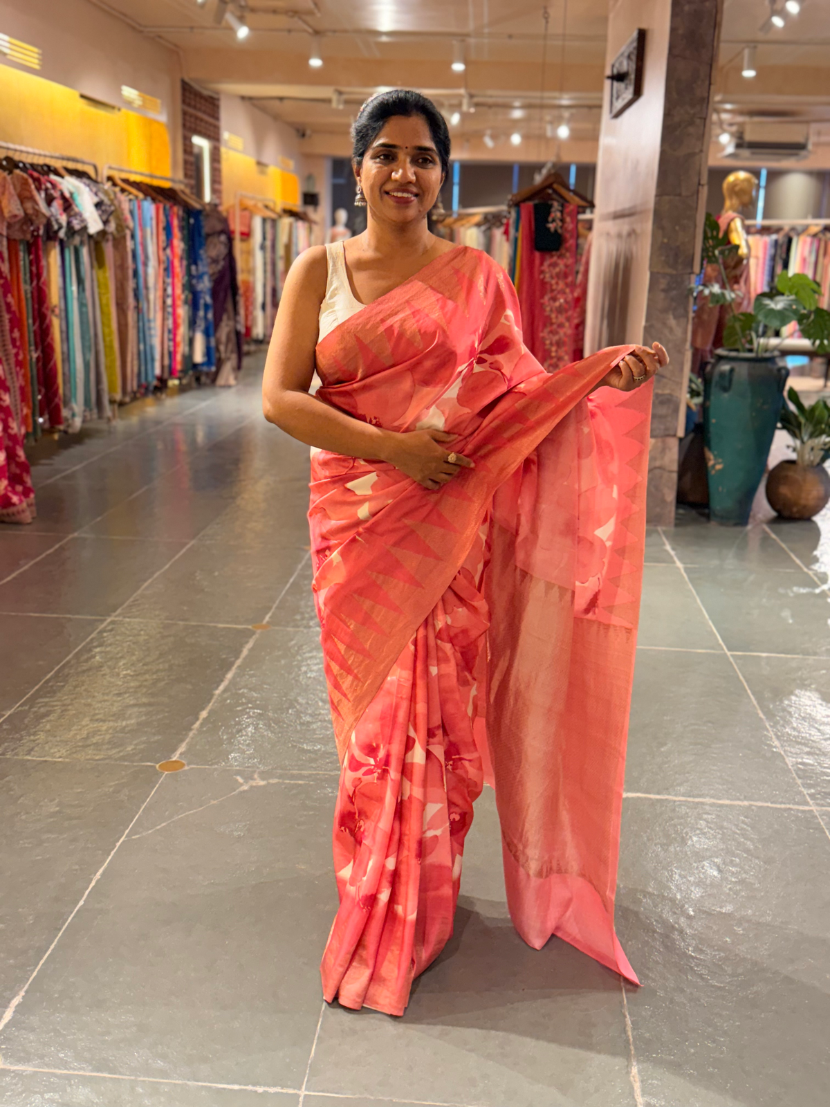 Coral Peach Pink Printed Kanchi Silk soft drape Saree with temple borders b