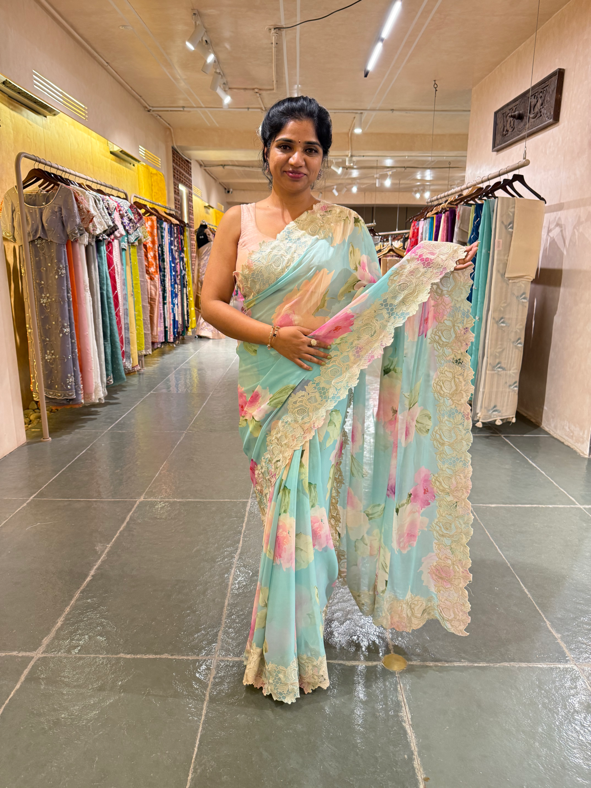 Gorgette Printed Saree With Cutwork Lace Border