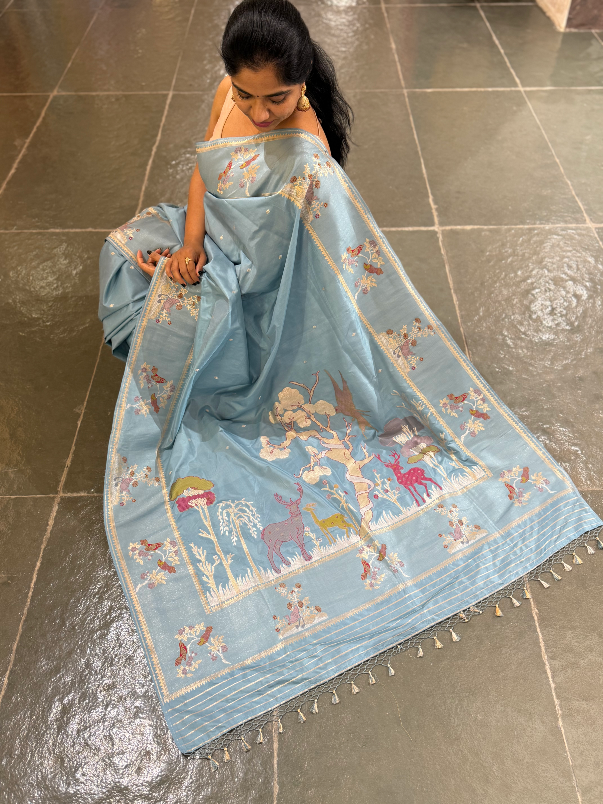 Dusty Blue Designer Banarasi Silk Saree