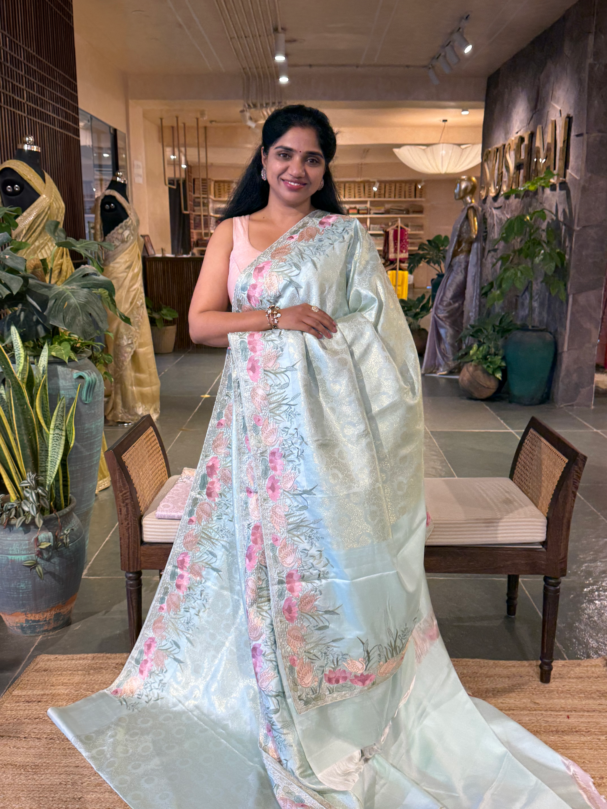 Mint Kanjeevaram Brocade Saree Beautiful Pond Theme Embroidered Border.
