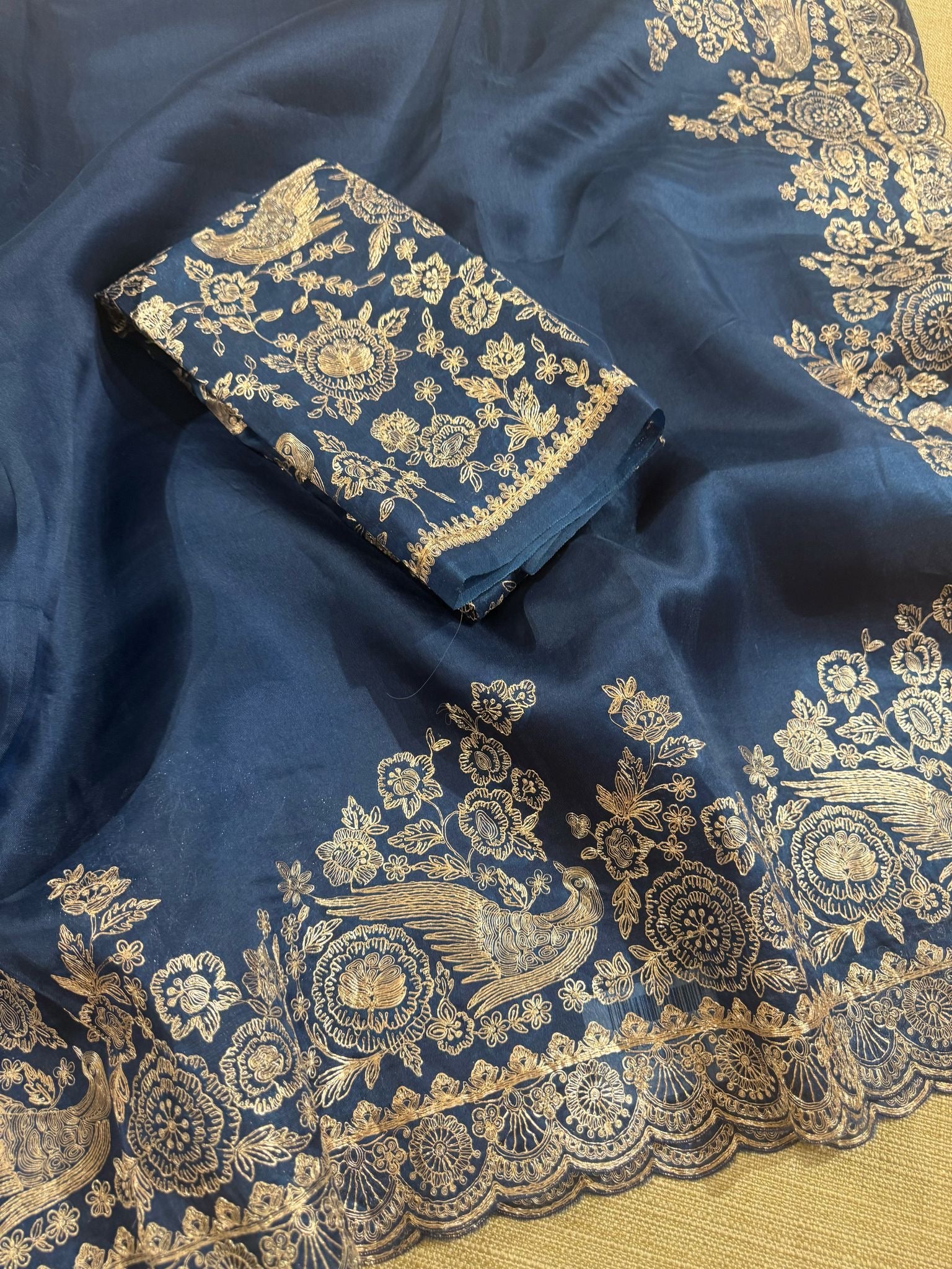 Midnight blue Pure organza Saree with pita emb