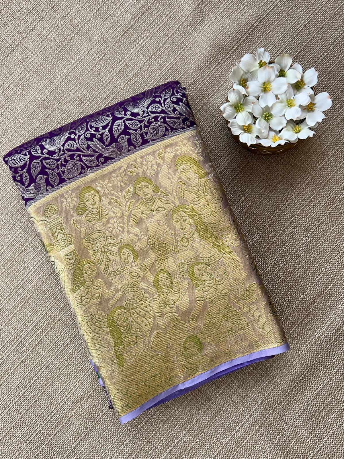 Royal Lavender Pure Kanchi Pattu Saree with Antique Gold Zari & Bird Vine Motif