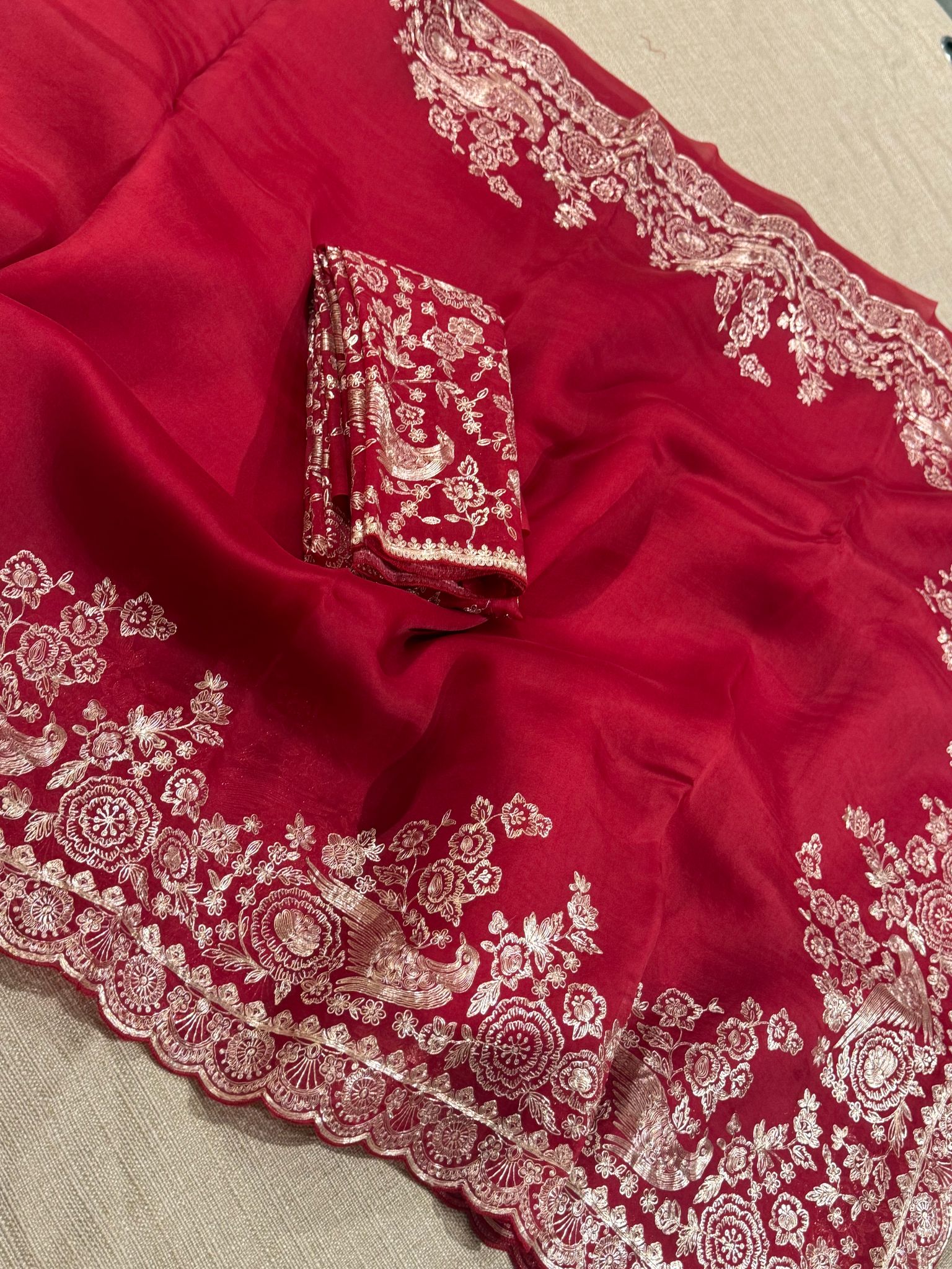 Meroonish Red  Pure organza Saree with pita emb