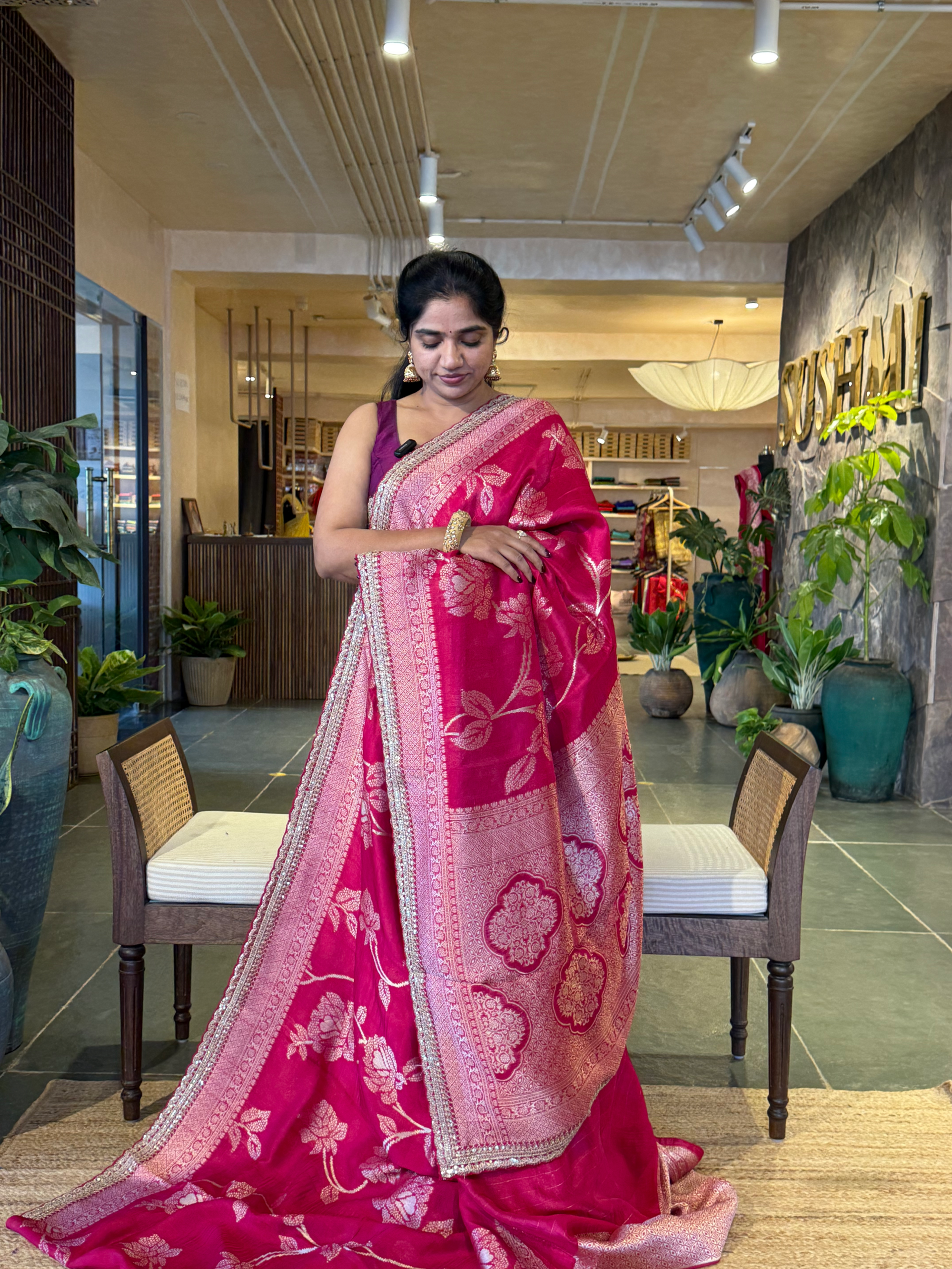 Rani Pink Tussar Khaddi Saree wth Allover weaving & sabhyasachi borders STKM15