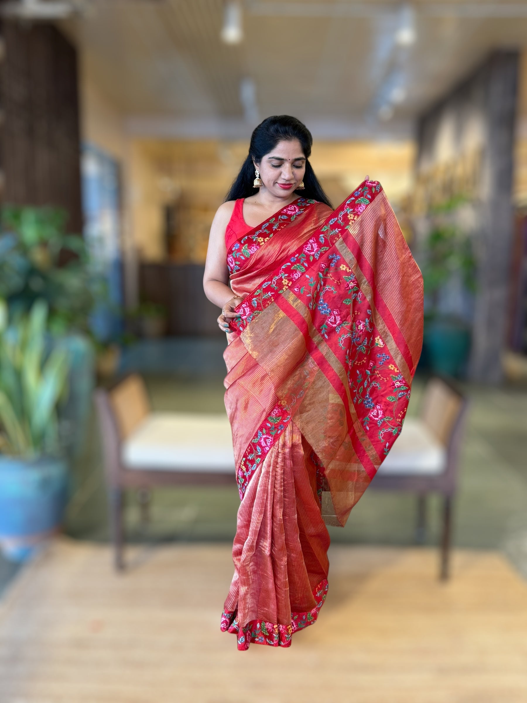 Red Kora Tissue Stripes Saree with Petite Point Embroidered Border Pallu & BP