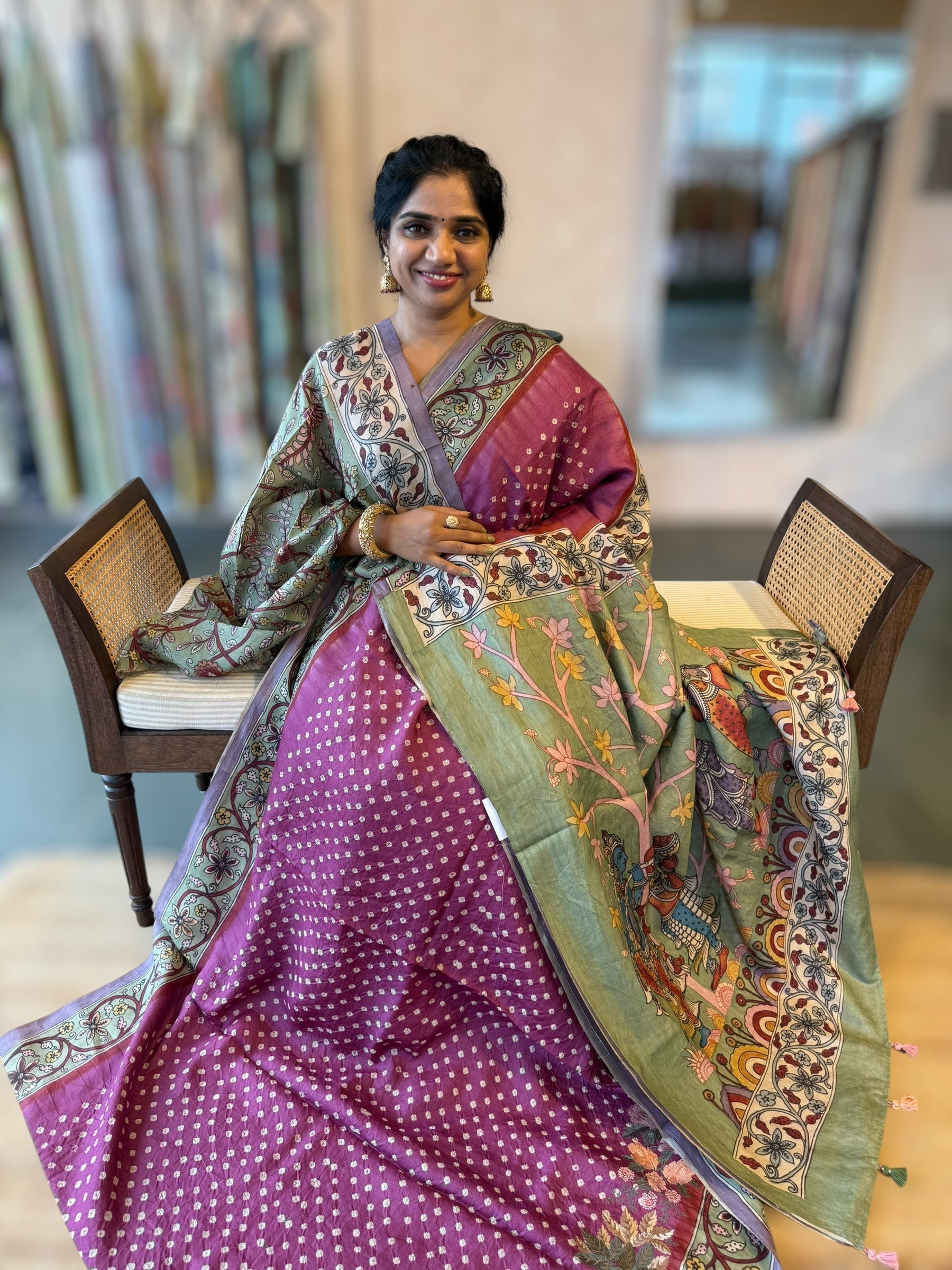 Tussar Bandhini Saree With Pen kalamkari Border & Petite Point Emb Blouse