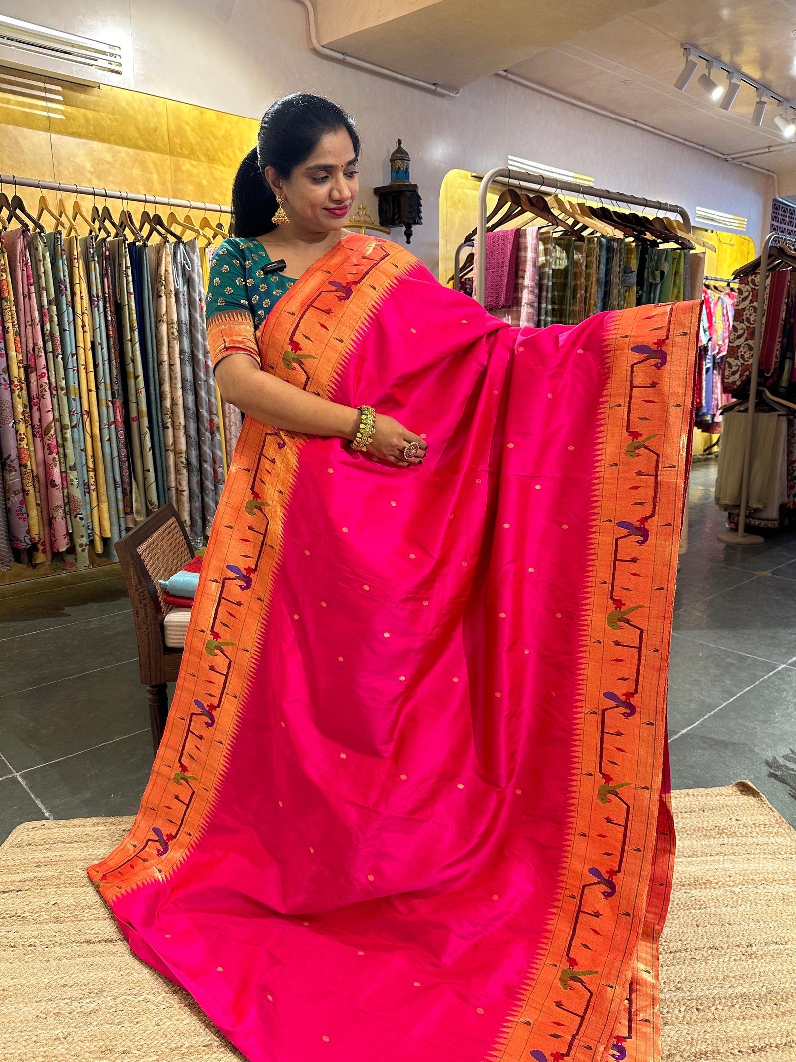 Rani Pink Pure Pythani saree with parrot peacock border