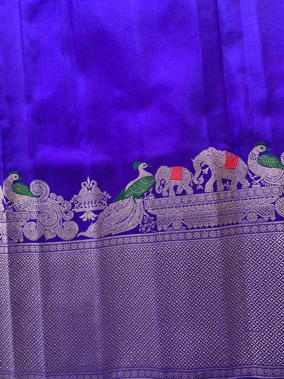 Royal Blue Pure Handloom Gadwal Saree Turning Borders