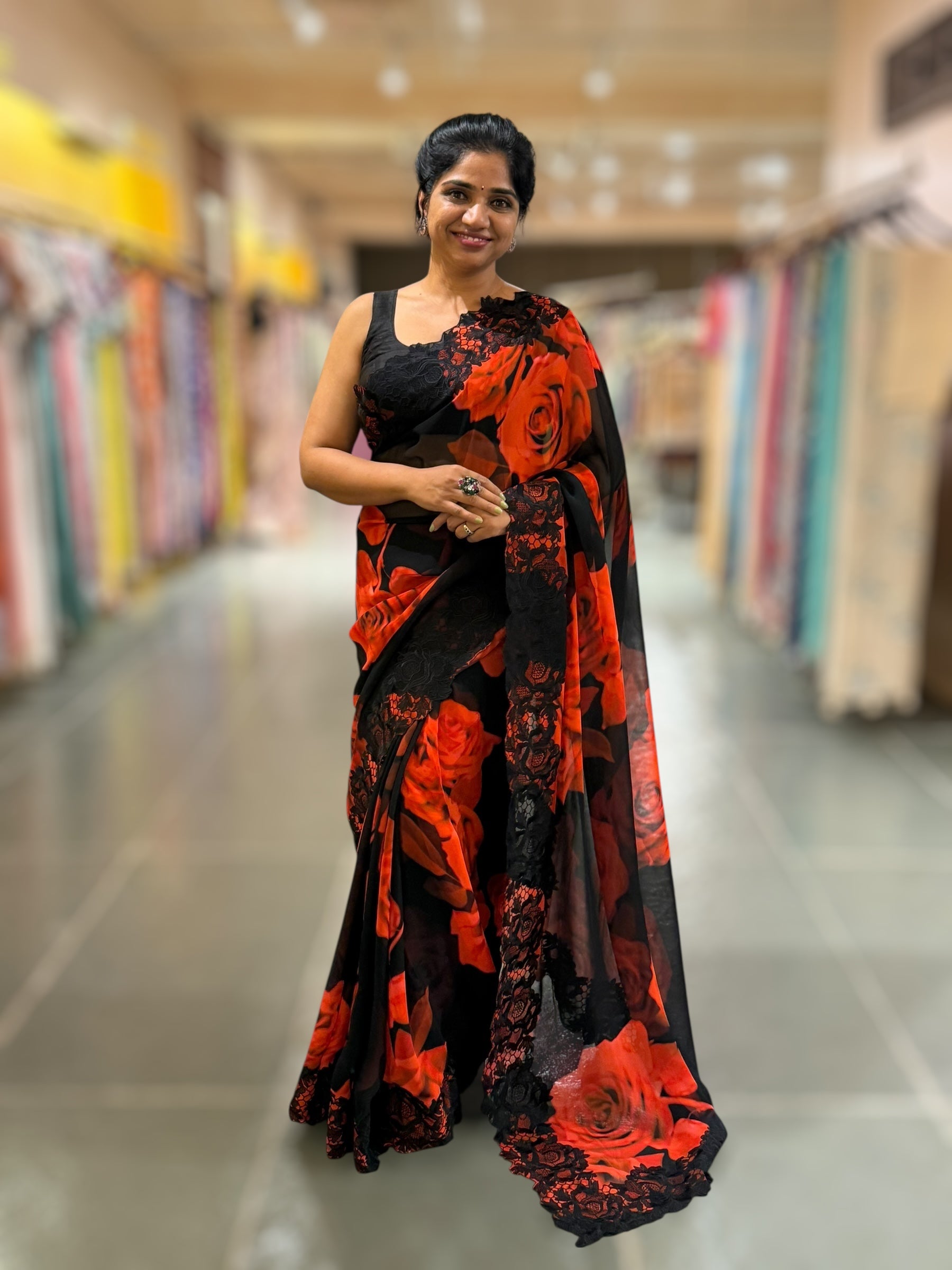 Red & Black Gorgette Saree With Chatilly Lace style Cutwork embroidered Border