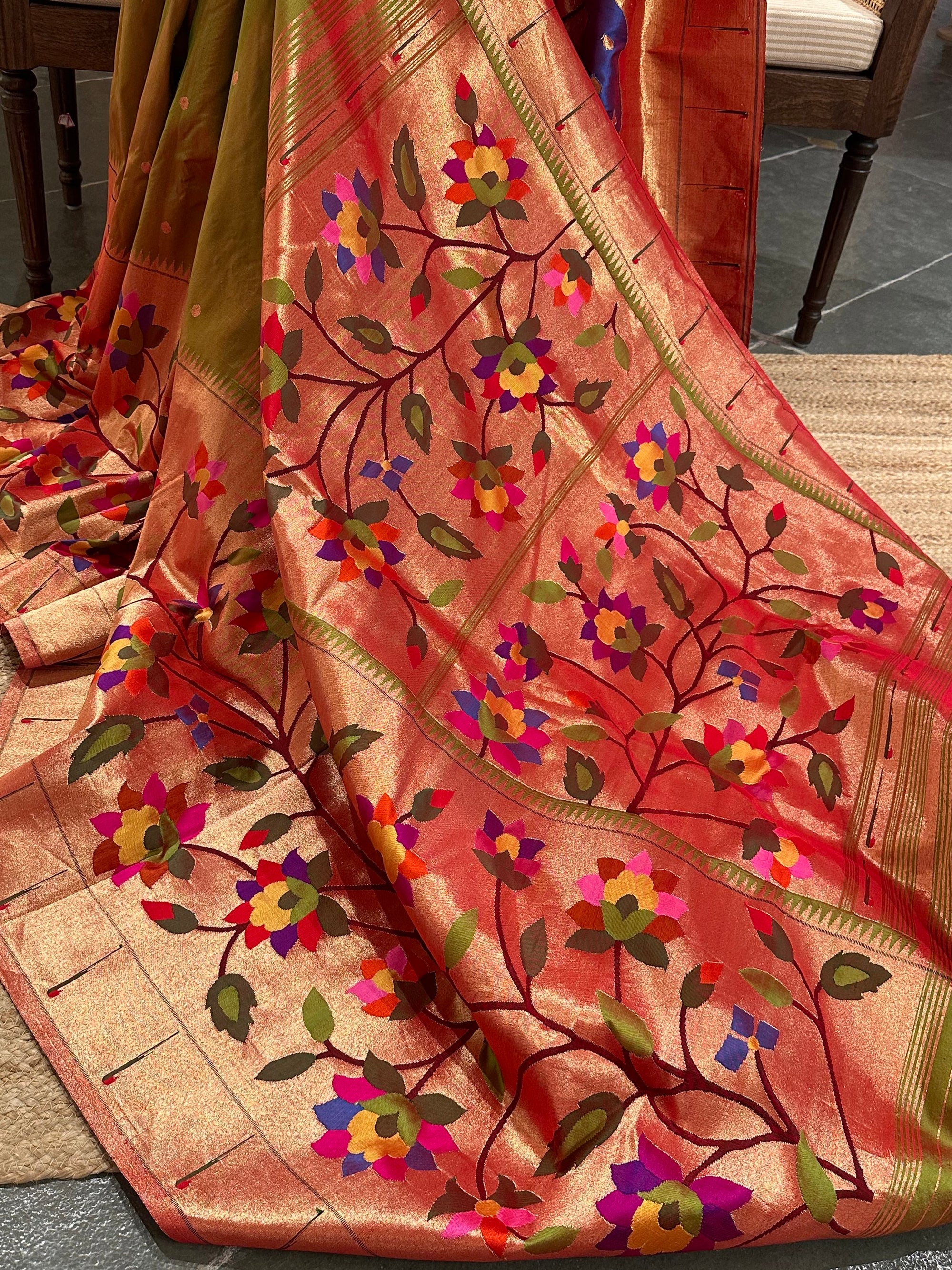 Mehendi Green Half Allover Pure Handloom yeola Paithani Saree