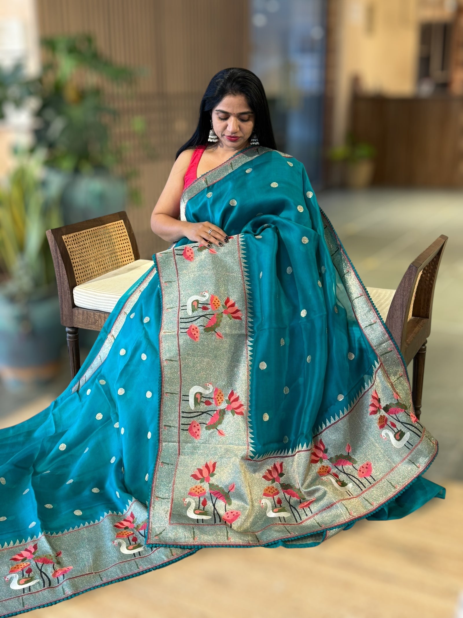 Rama Green Pure Organza Saree With Pythani Embroidered Border