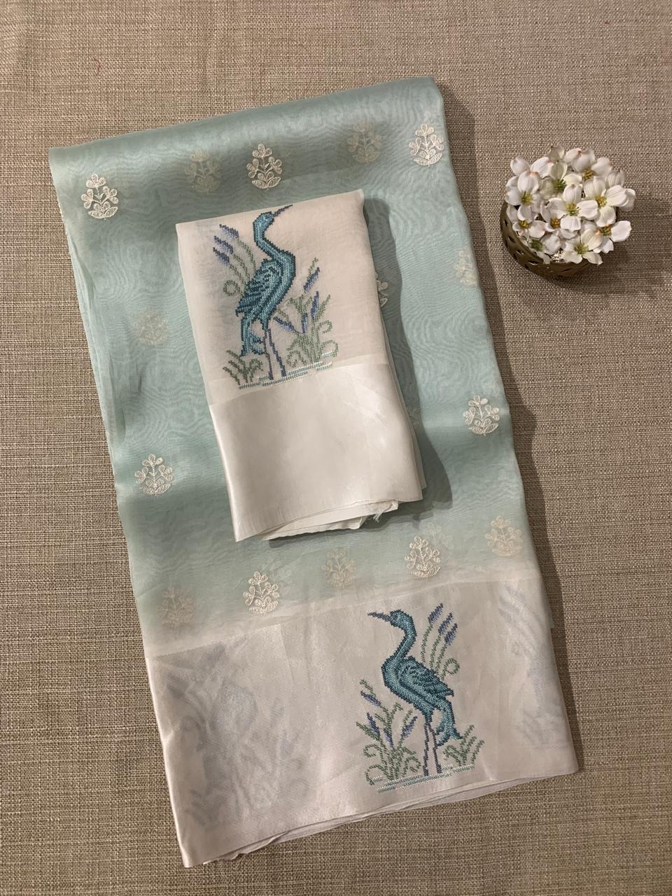 Mint Pure Organza Silk Saree with Petite Point Embriodered Swans Mashru Borders