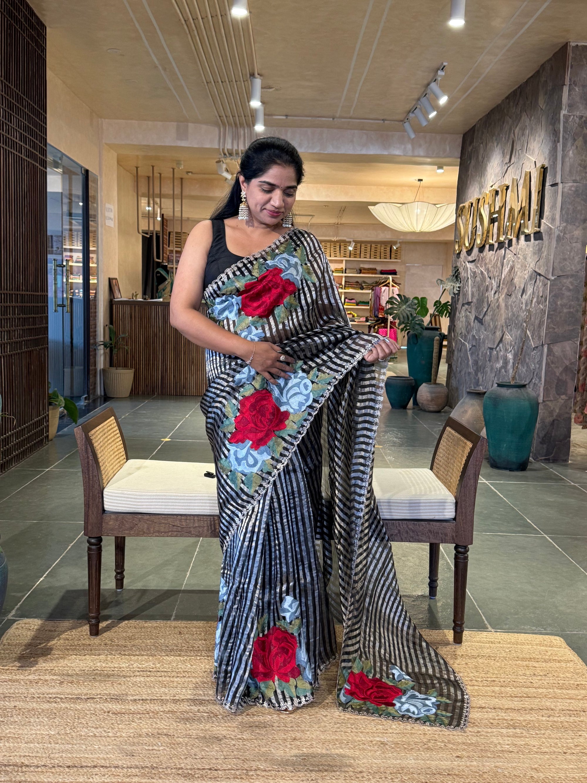 Black & Silver Stripes Tissue Silk Saree with Statement Floral bunch embroidery