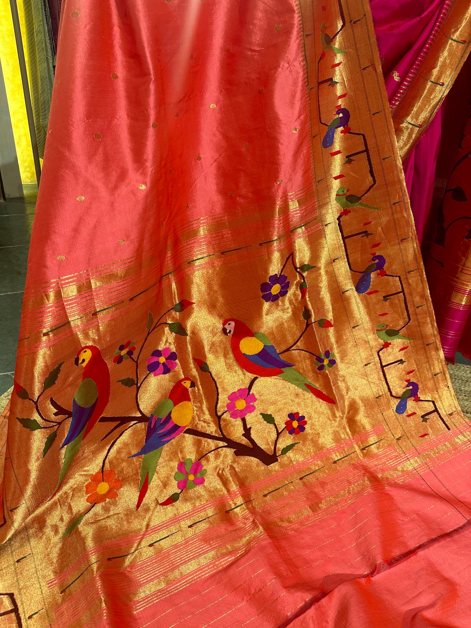 Carrot Color pure handloom paithani with parrot peacock border