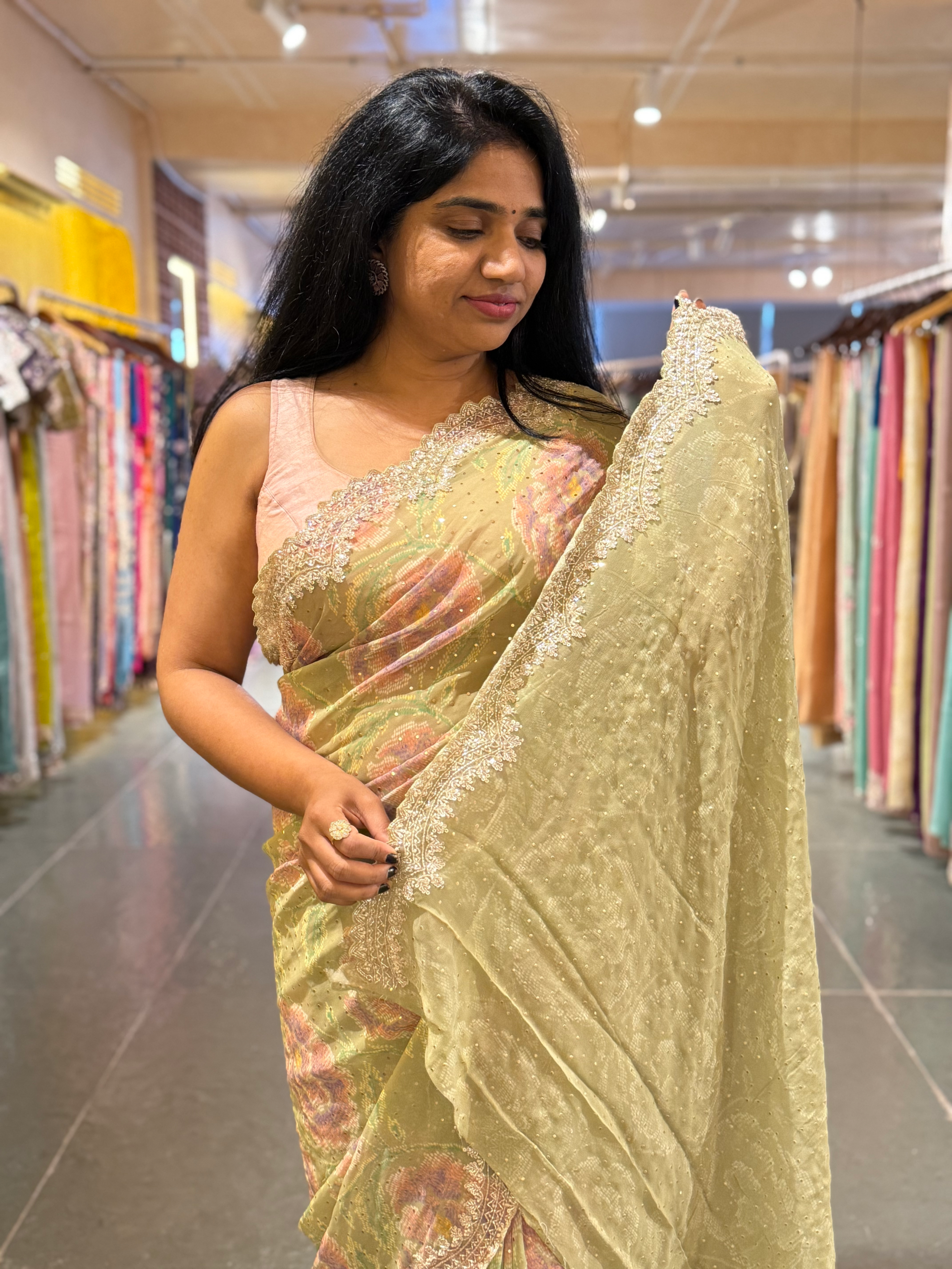 Pista Green Pure gorgette printed Saree with handwork